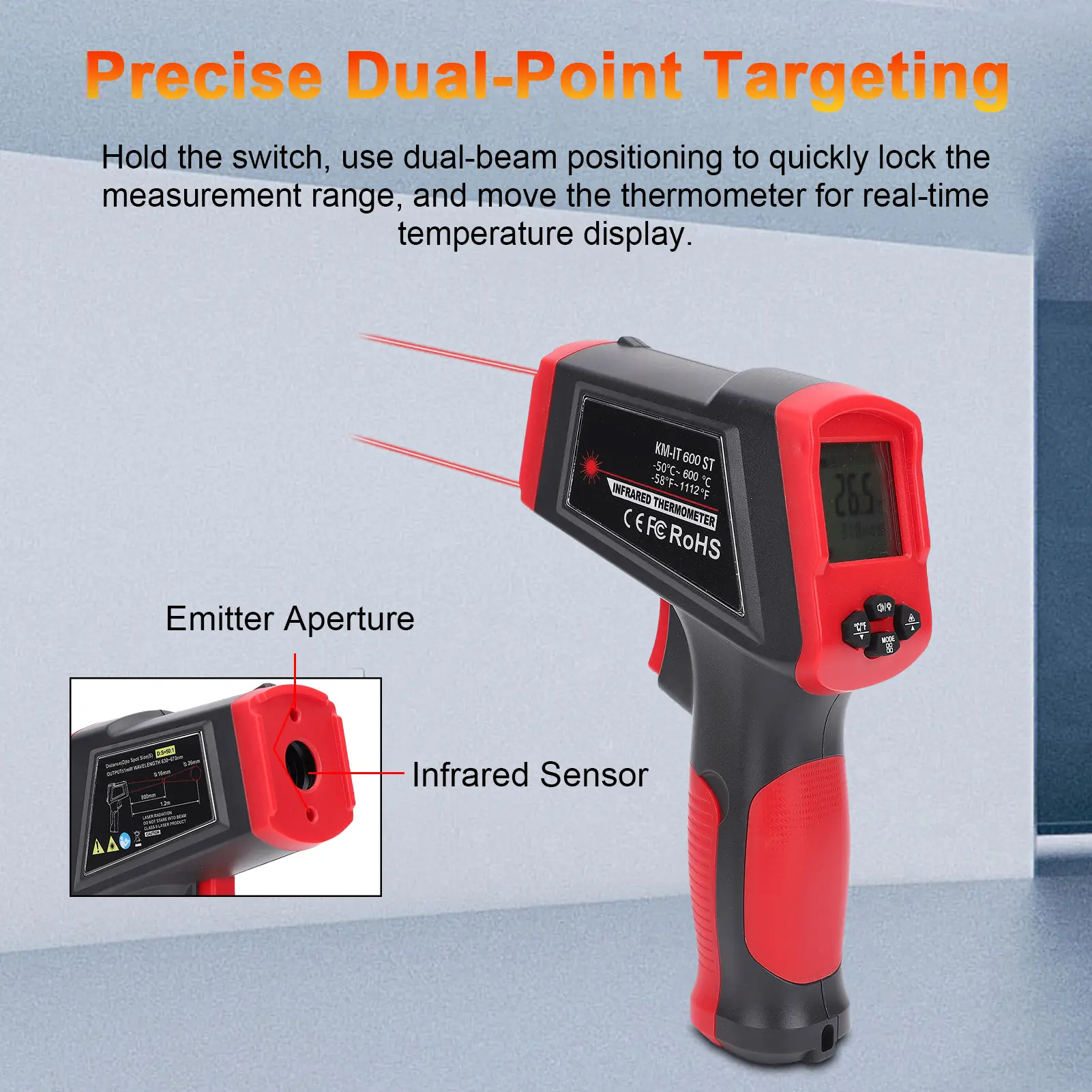 Industrial Thermometer Gun, Contactless Infrared Thermometer with 99 Data Storage LCD Backlight Sound Alarm Digital IR Gun