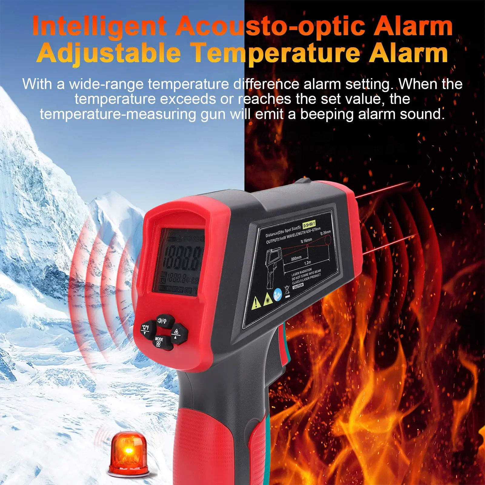 Industrial Thermometer Gun, Contactless Infrared Thermometer with 99 Data Storage LCD Backlight Sound Alarm Digital IR Gun