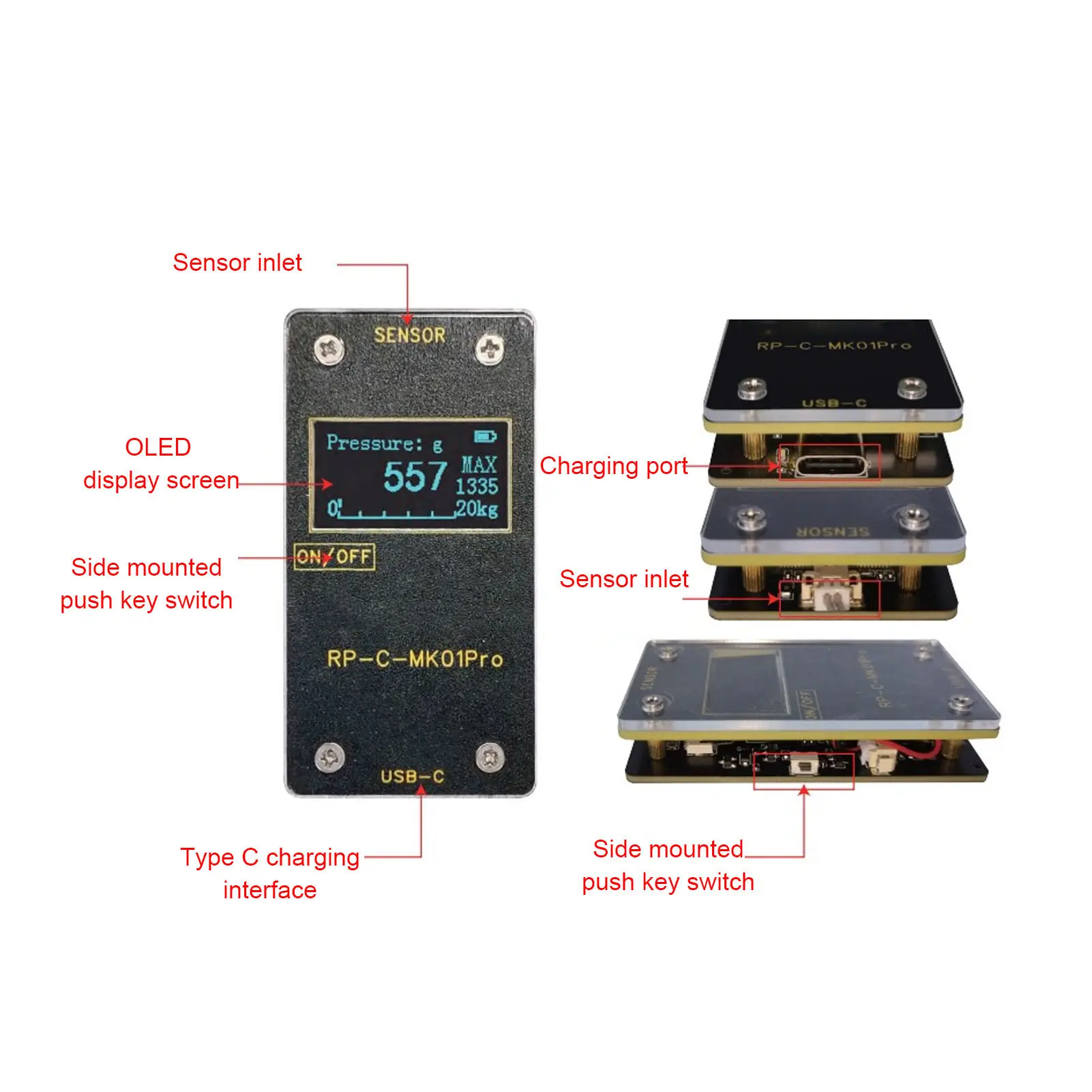 Pressure Sensor Display Module Copper Clad Laminate Flexible Thin Film 32x62.6x12mm 3KG 3KG Pressure Sensor Display Module