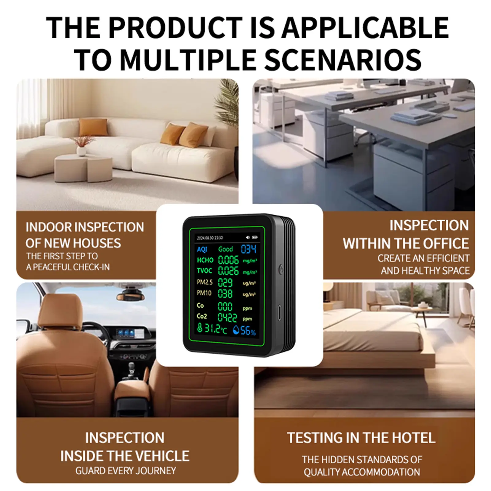 Air Quality Tester CO2 HCHO TVOC PM2.5 PM10 Temperature Humidity Sensor  Screen Air Quality Detector CO2 Detector TVOC Tester