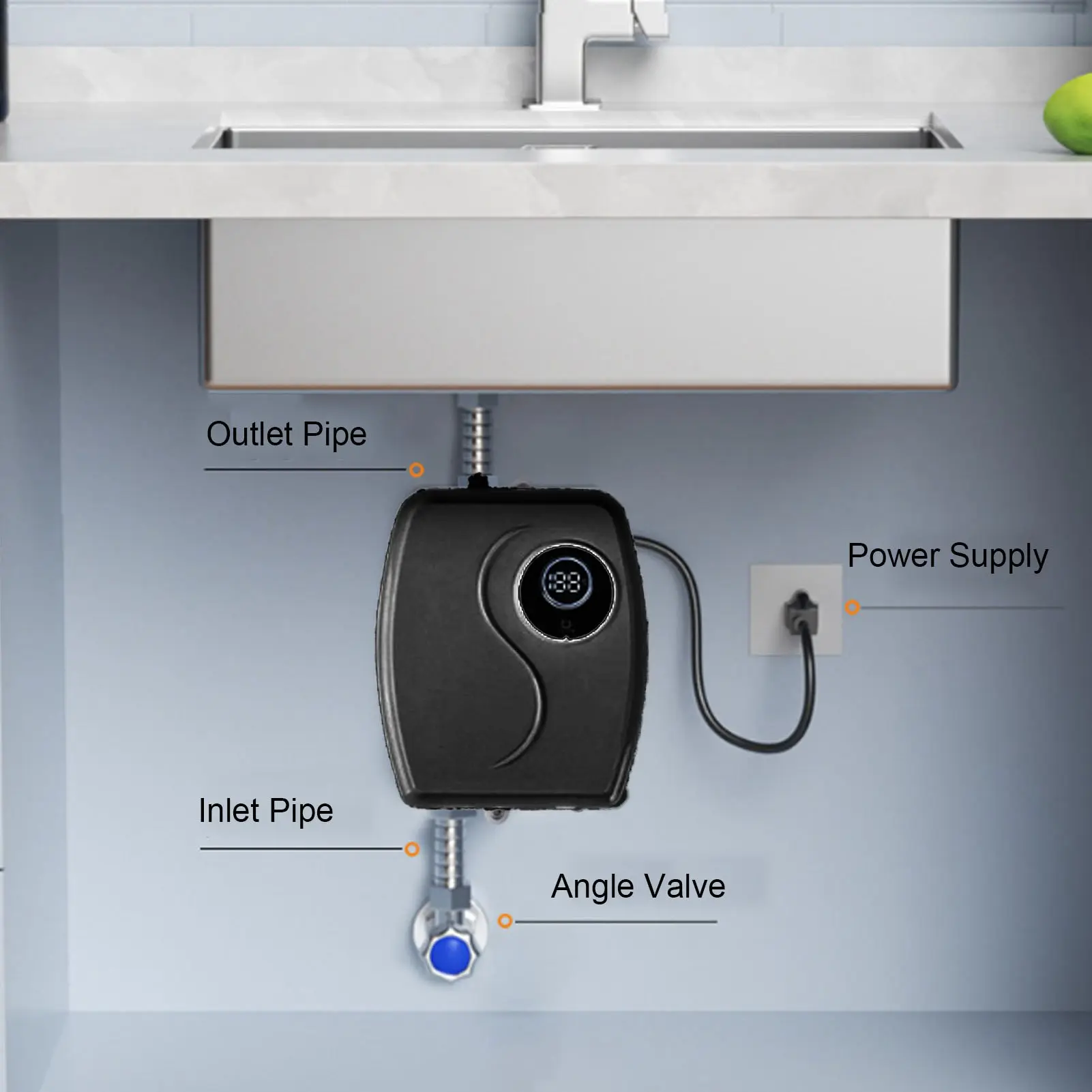 3800W Mini Water Heater  G1/2 Inlet and Outlet Electric Heater for Kitchen Apartment Bathroom RV Black Water Heater