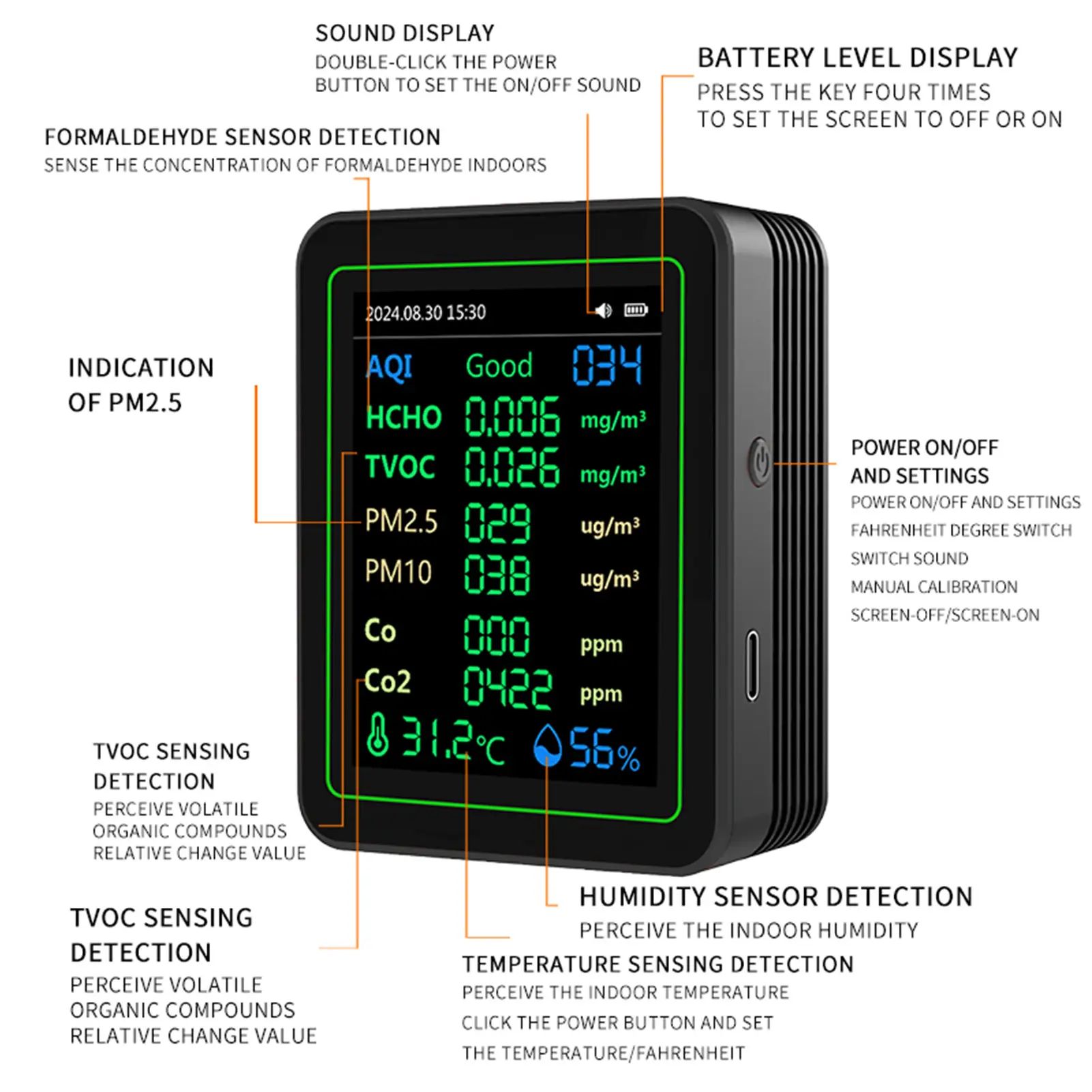 Air Quality Tester CO2 HCHO TVOC PM2.5 PM10 Temperature Humidity Sensor  Screen Air Quality Detector CO2 Detector TVOC Tester