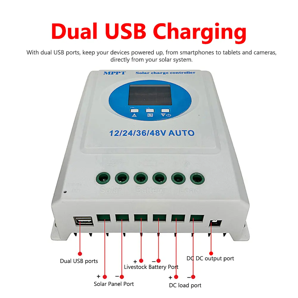 MPPT 12V 24V 36V 48V Solar Charge Controller Solar Panel Lead Acid/Lithium Battery Regulator Dual USB