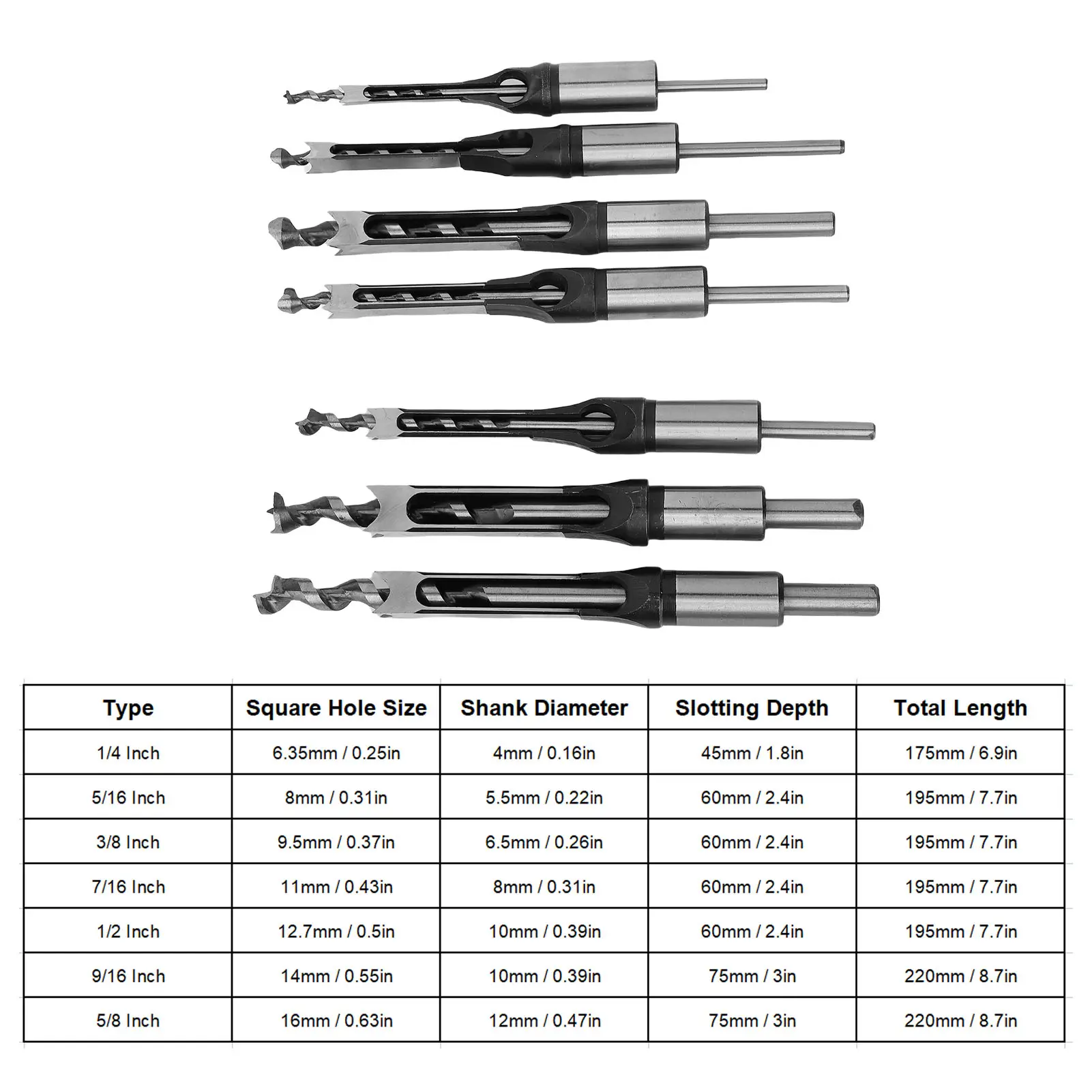 7PCS/set Square Hole Mortising Drill Bits Woodworking Square Hole Saw Bit Set 1/4 5/16 3/8 7/16 1/2 9/16 5/8 Inch