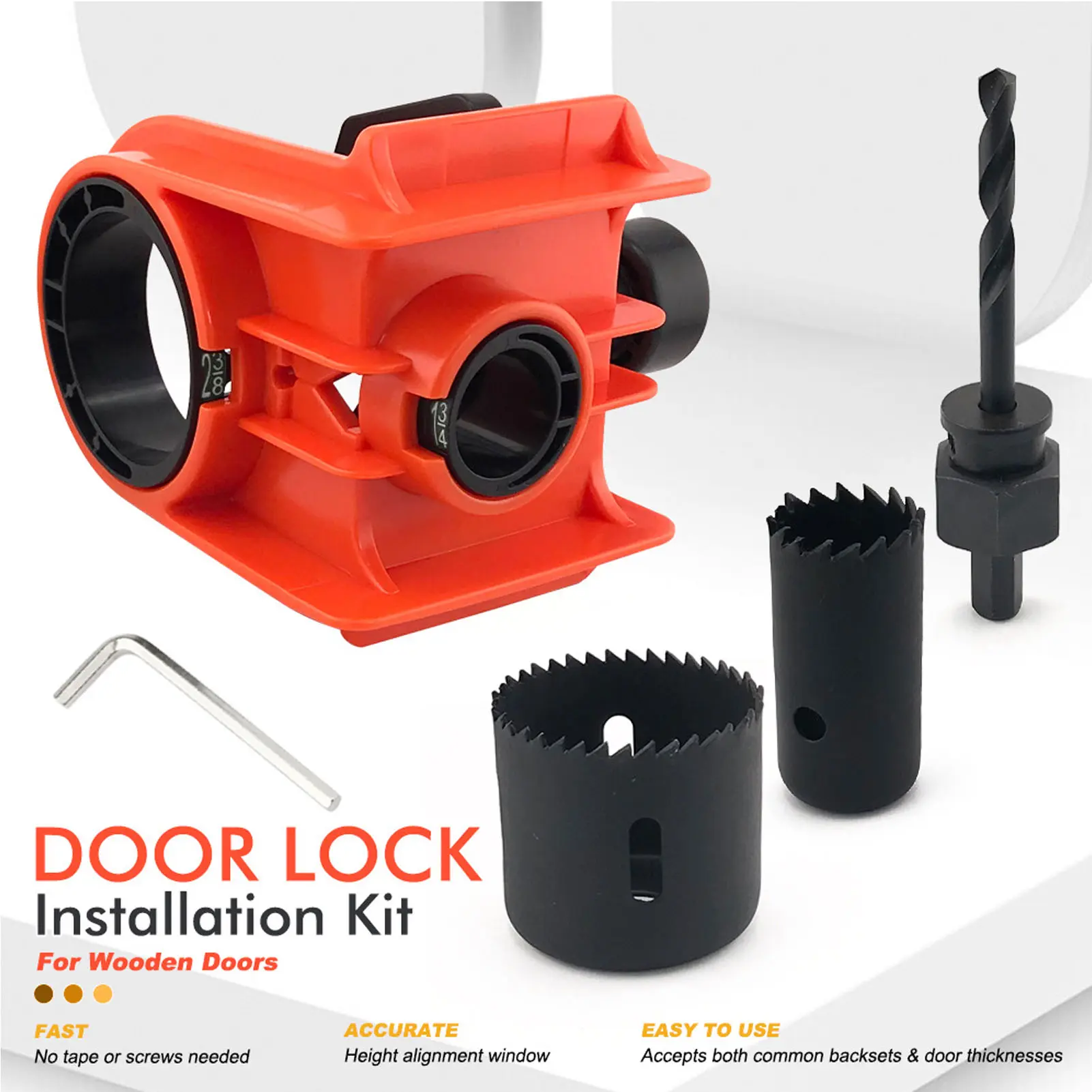 Door Lock Installation Kit Professional Adjustable Jig Tool for 1-3/8in to 1-3/4in Thickness Wood Doors Orange Door Lock Jig Kit