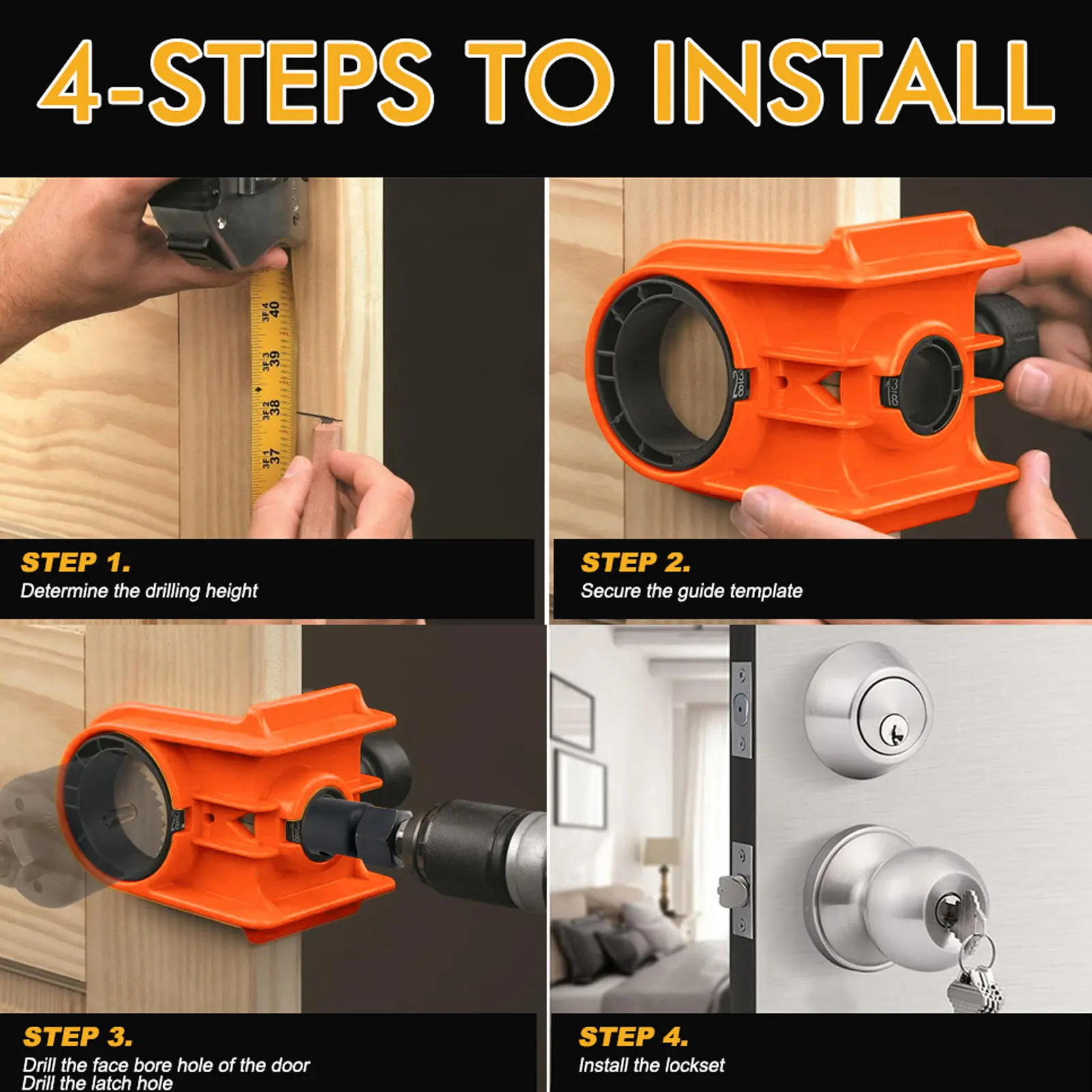 Door Lock Installation Kit Professional Adjustable Jig Tool for 1-3/8in to 1-3/4in Thickness Wood Doors Orange Door Lock Jig Kit