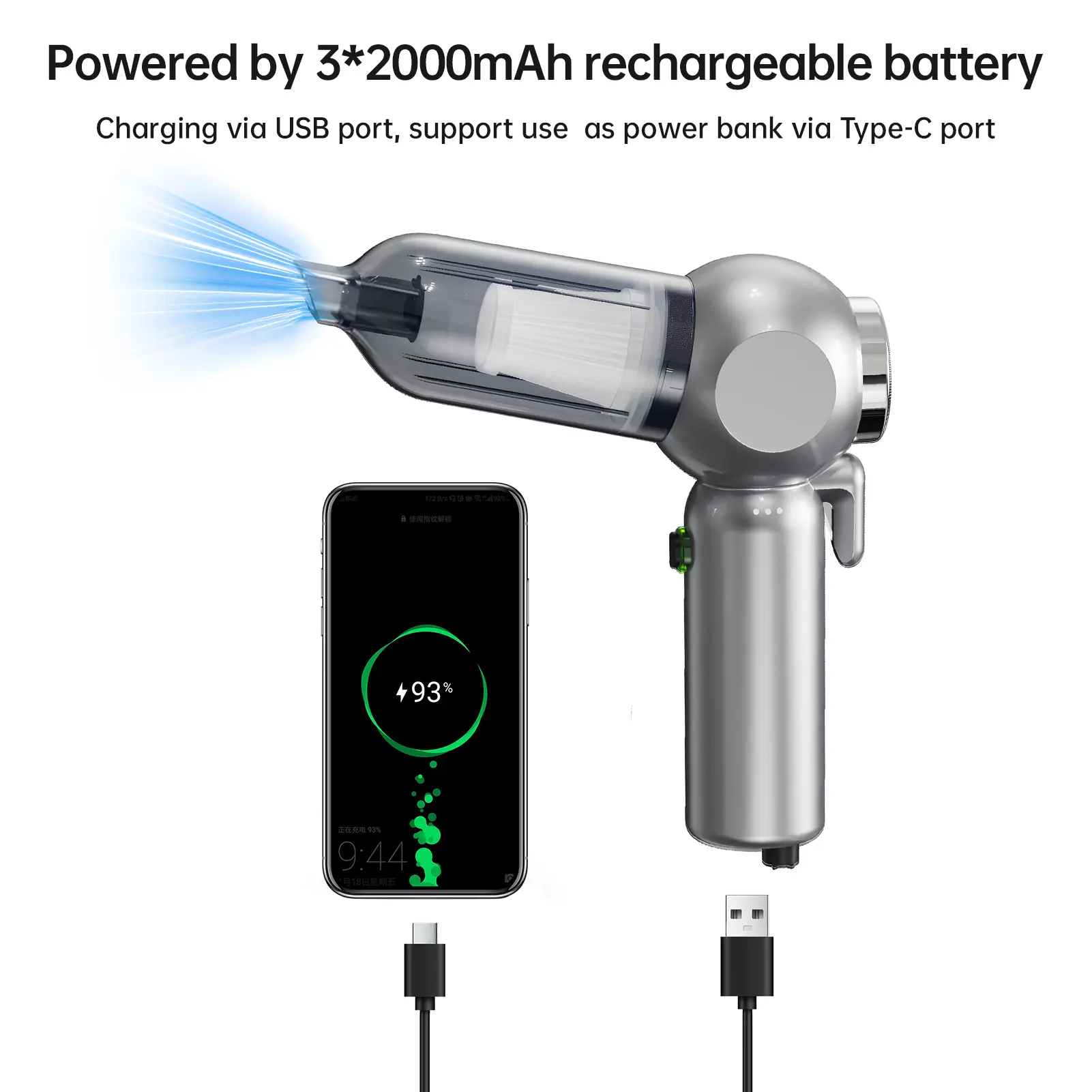 Multifunctional Car Vacuum Cleaner Portable 2in1 Cordless 16000PA Air Duster with 8cps Suction Blower with Window Breaker