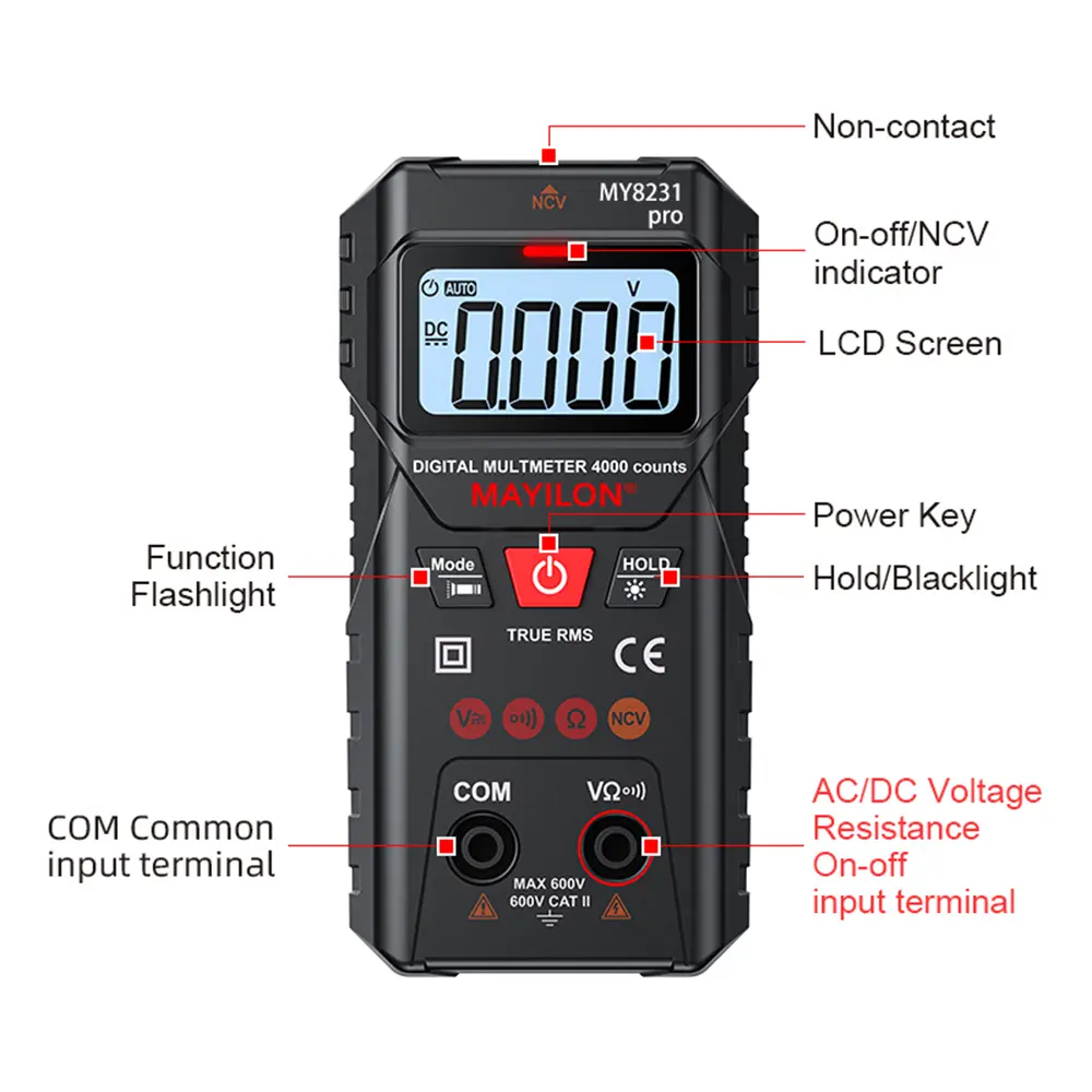 LCD Digital Multimeter Multi Tester with NCV Non-Contact Voltage Detection TRMS 4000 Counts Automatic/Manual Measurement Mode