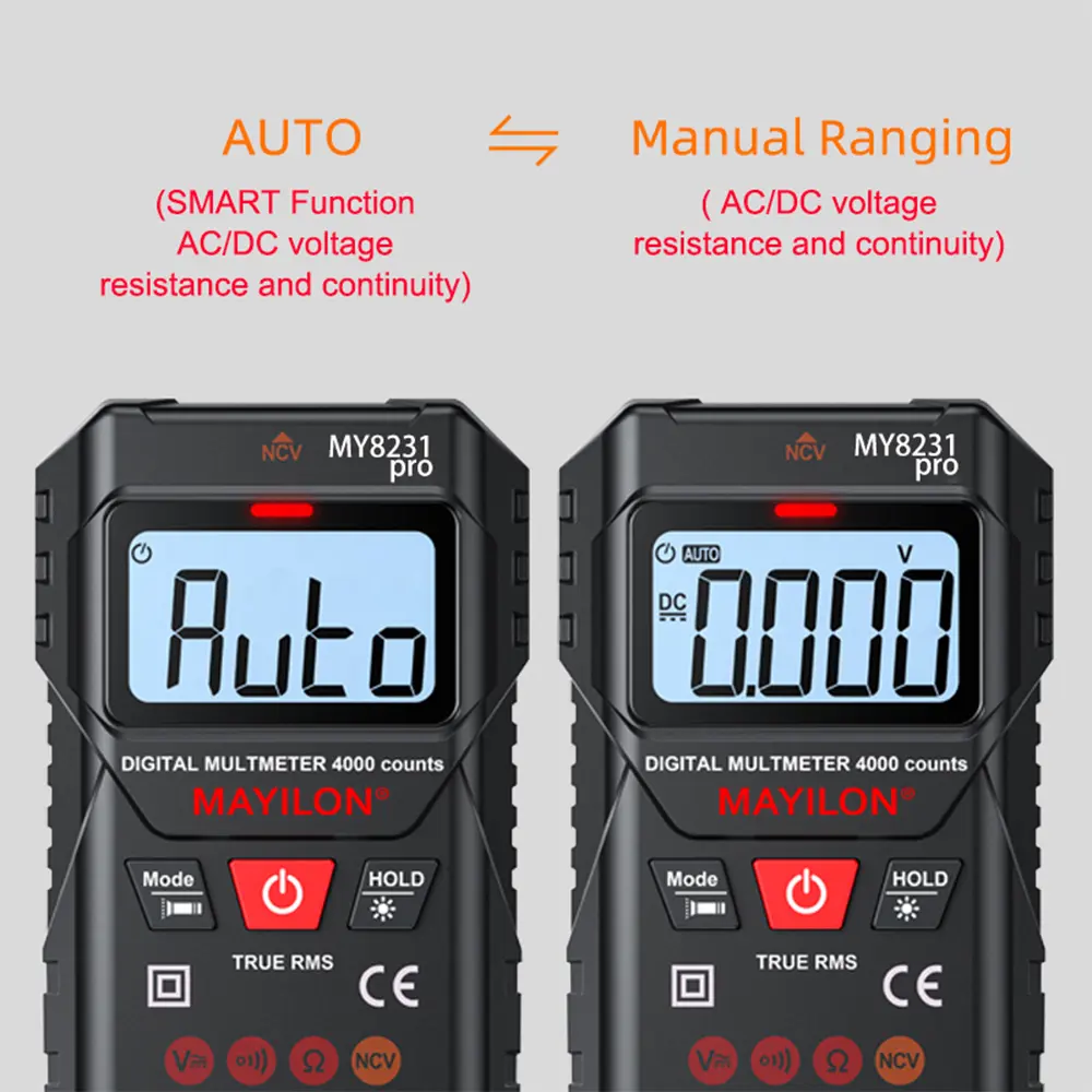 LCD Digital Multimeter Multi Tester with NCV Non-Contact Voltage Detection TRMS 4000 Counts Automatic/Manual Measurement Mode