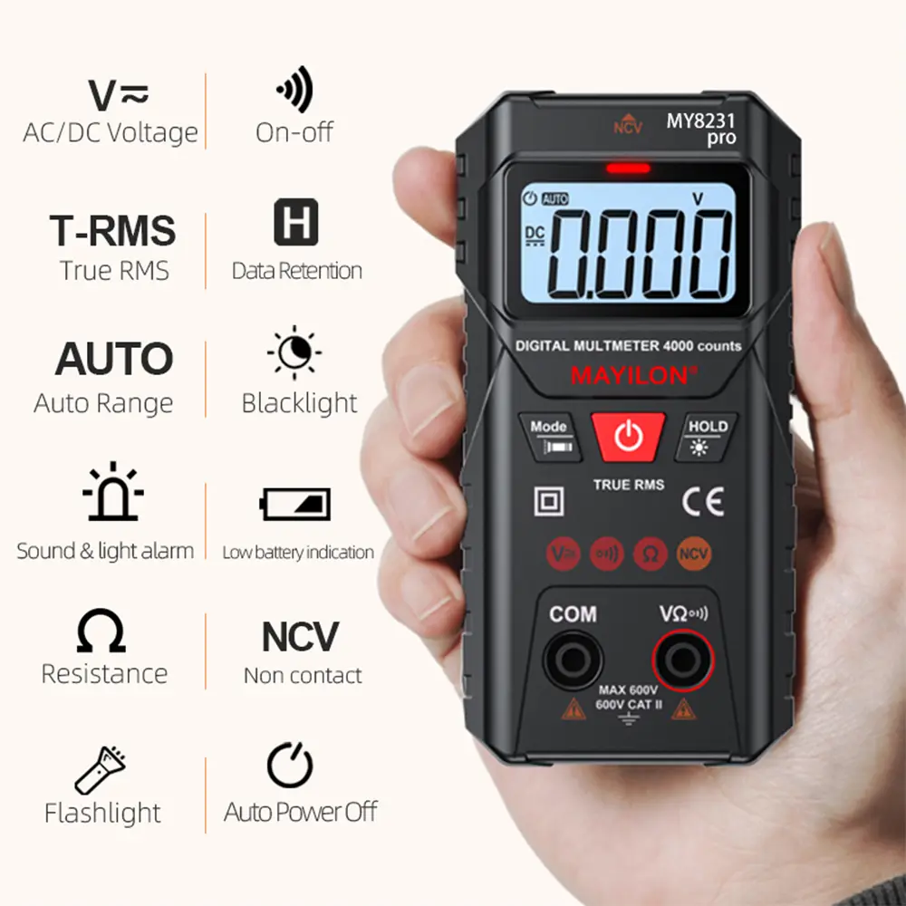 LCD Digital Multimeter Multi Tester with NCV Non-Contact Voltage Detection TRMS 4000 Counts Automatic/Manual Measurement Mode