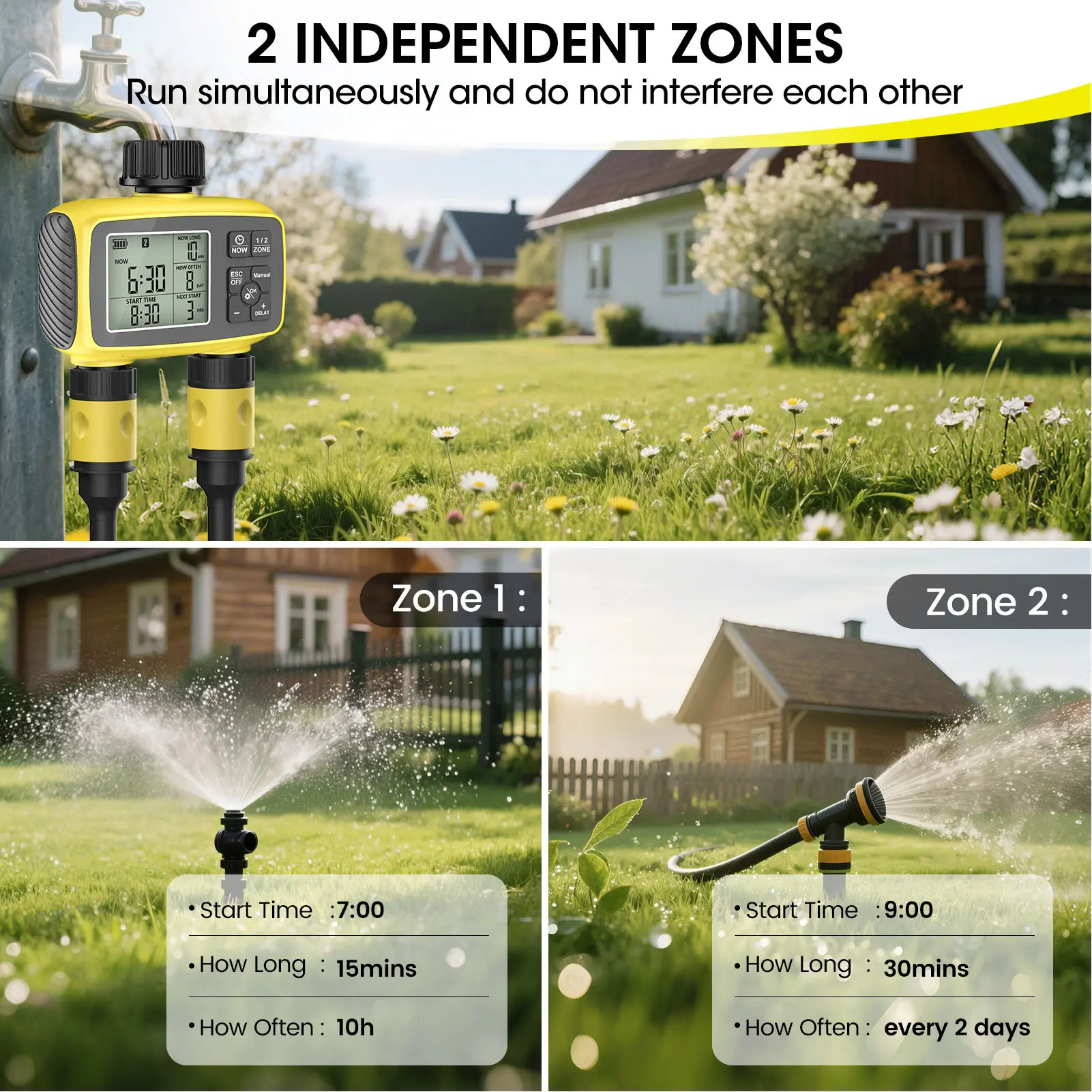 Sprinkler Timer 2 Zone Programmable Rain Delay IPX5 Water Proof Hose Irrigation Controller for Lawn Yard Pool Sprinkler Timer