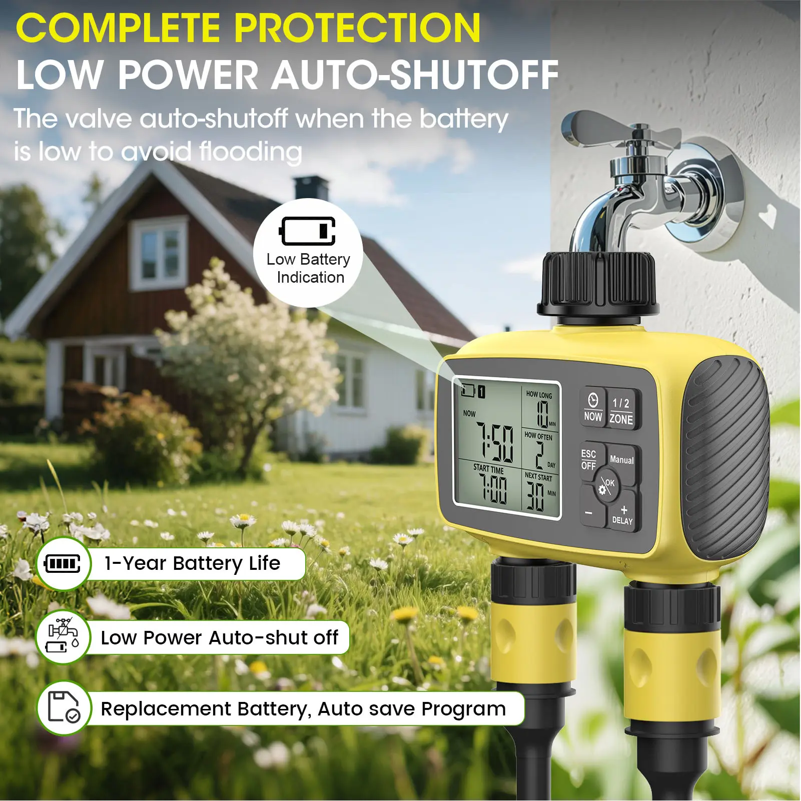 Sprinkler Timer 2 Zone Programmable Rain Delay IPX5 Water Proof Hose Irrigation Controller for Lawn Yard Pool Sprinkler Timer
