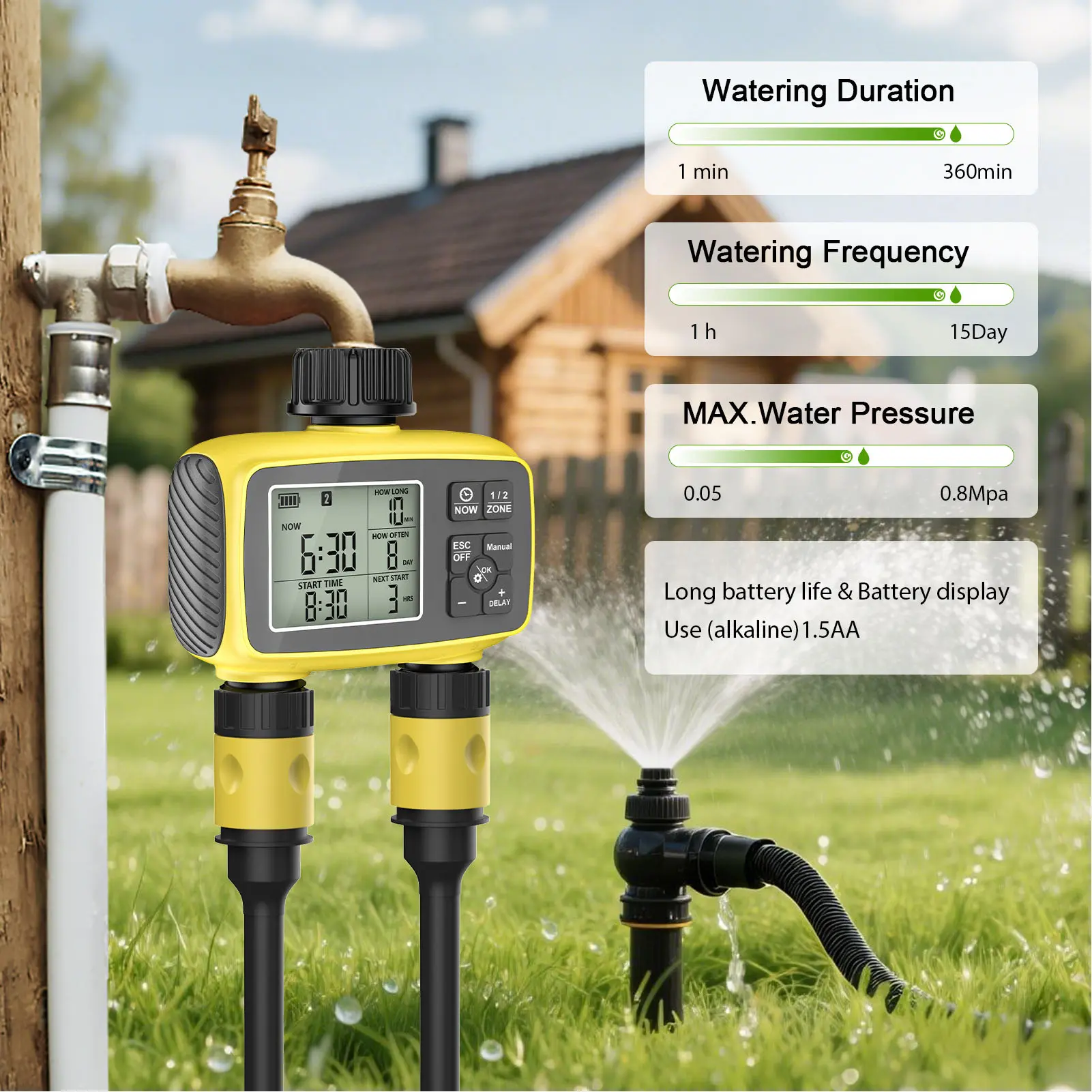 Sprinkler Timer 2 Zone Programmable Rain Delay IPX5 Water Proof Hose Irrigation Controller for Lawn Yard Pool Sprinkler Timer