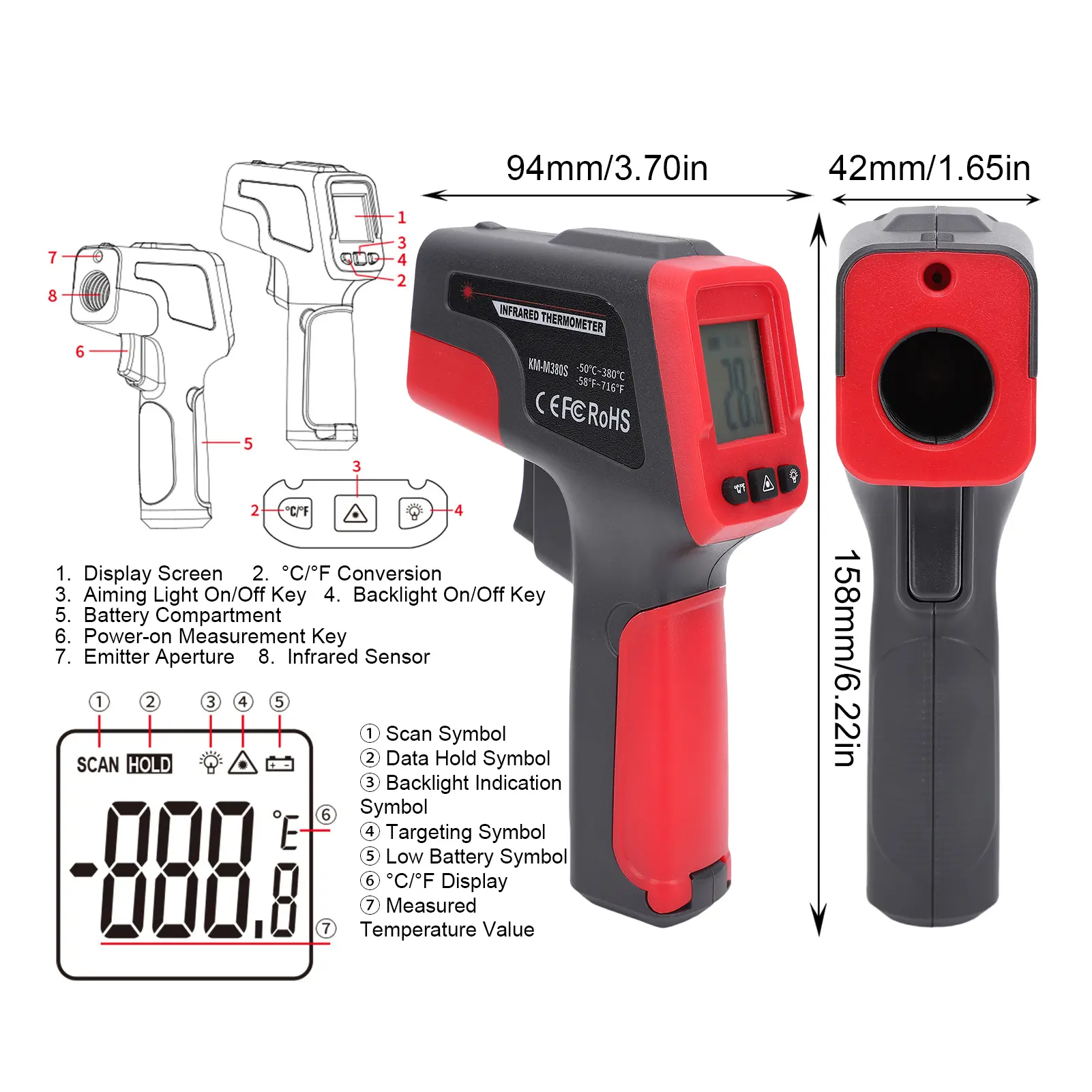 Infrared Thermometer Temperature Gun, Digital IR Heat Surface Temp Gun, Contactless Thermal Gun for Cooking Food BBQ Pizza Oven