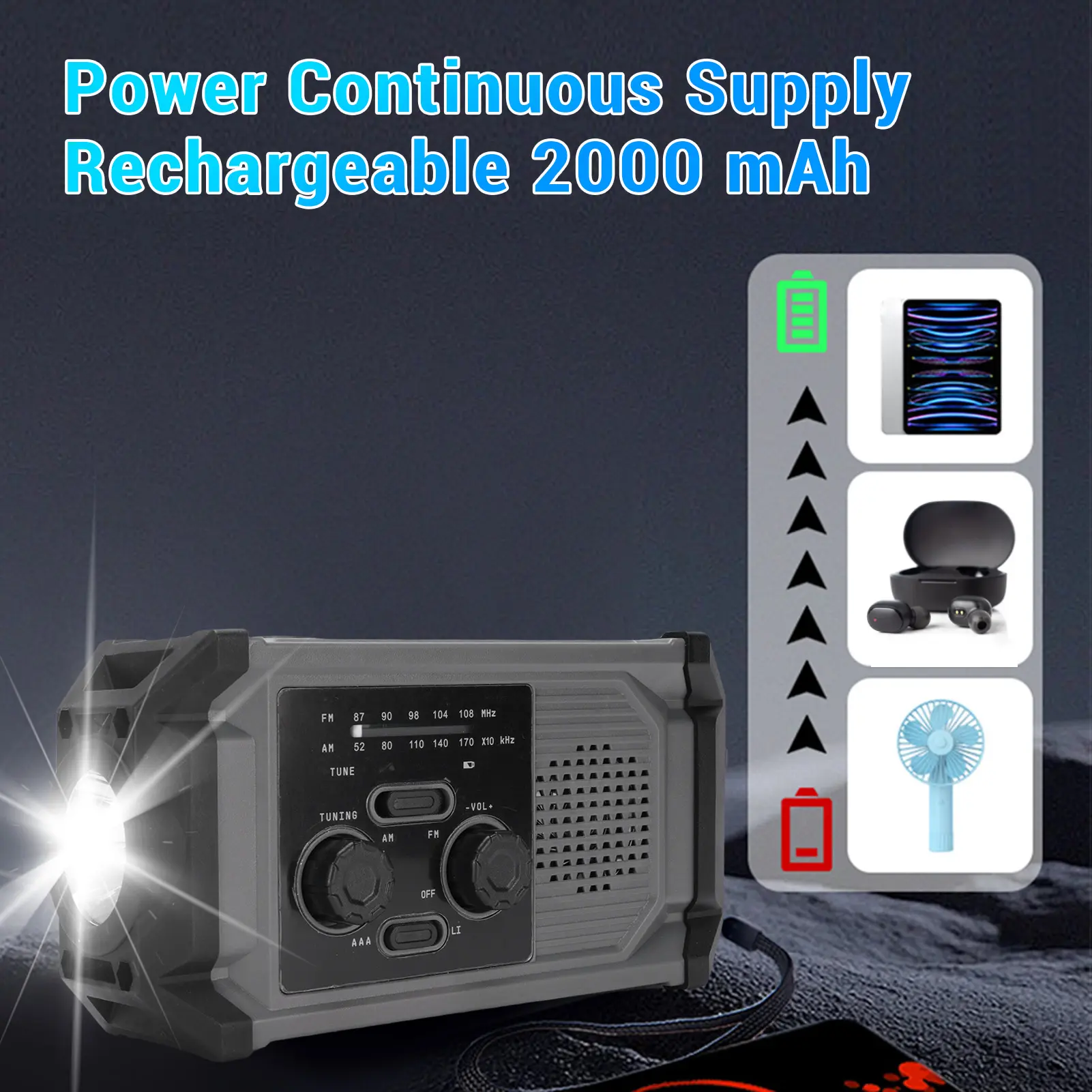 Solar Hand Crank Radio Multi Functional IPX4  Proof Emergency AM Frequency Modulation Radio with LED Flashlight Solar Radio