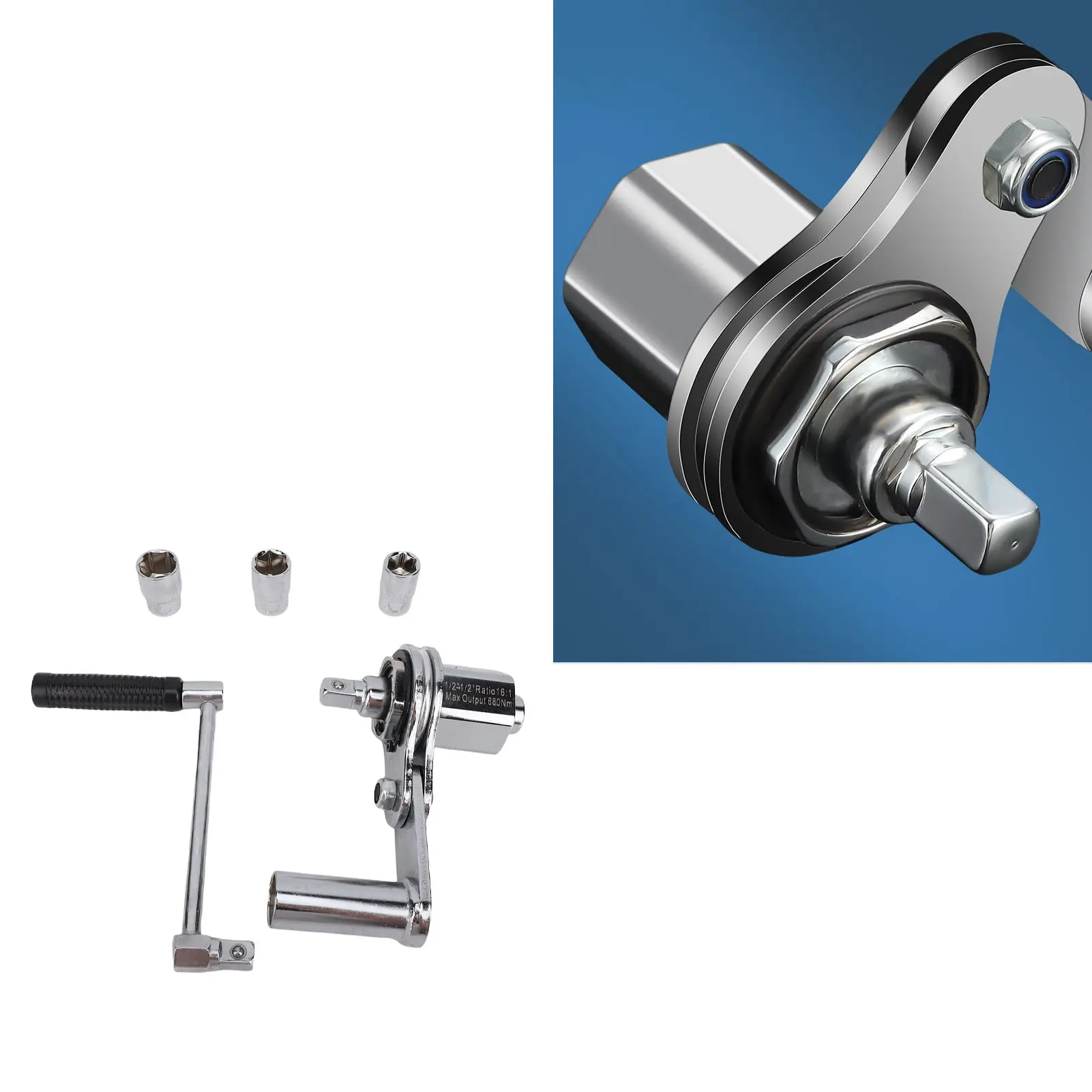 Torsion Multiplier Wrench 1/2in Drive 1:16 Gear Ratio 40CR Alloy Steel Labor Saving Lug Nut Remover with 17mm 19mm 21mm Sockets
