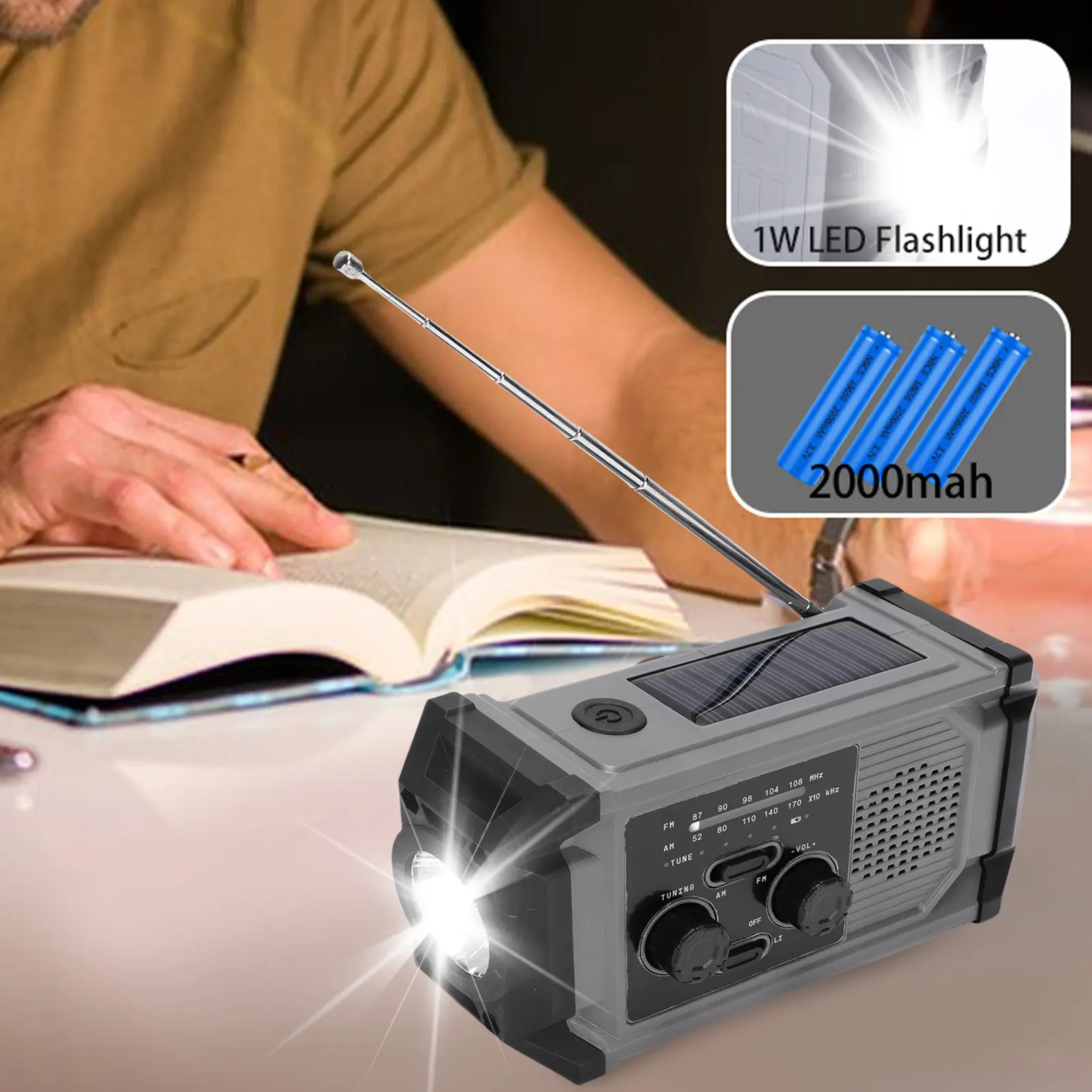 Solar Hand Crank Radio Multi Functional IPX4  Proof Emergency AM Frequency Modulation Radio with LED Flashlight Solar Radio