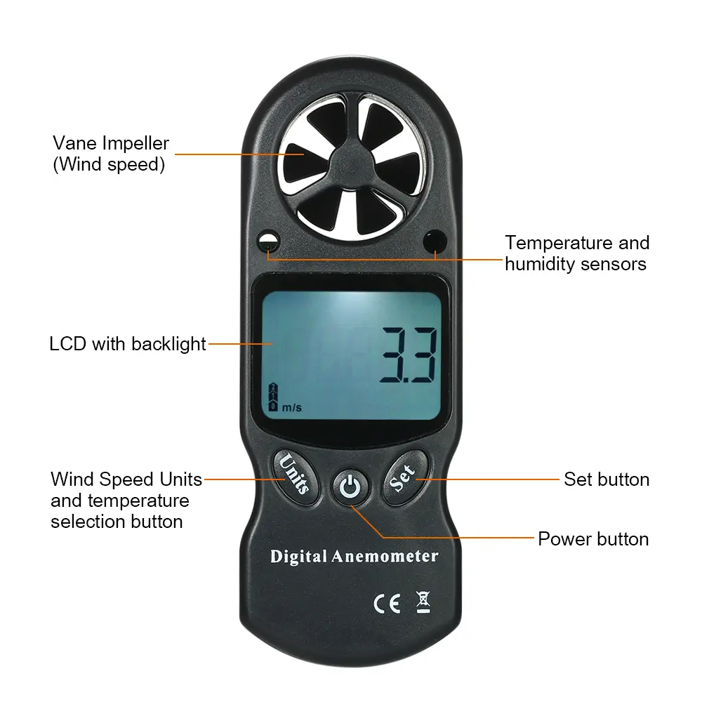 8 in 1 Handheld Digital Anemometer Wind Speed/Temperature/Humidity/Wind Chill/Heat Index/Dew Point/Barometric Pressure/Altitude