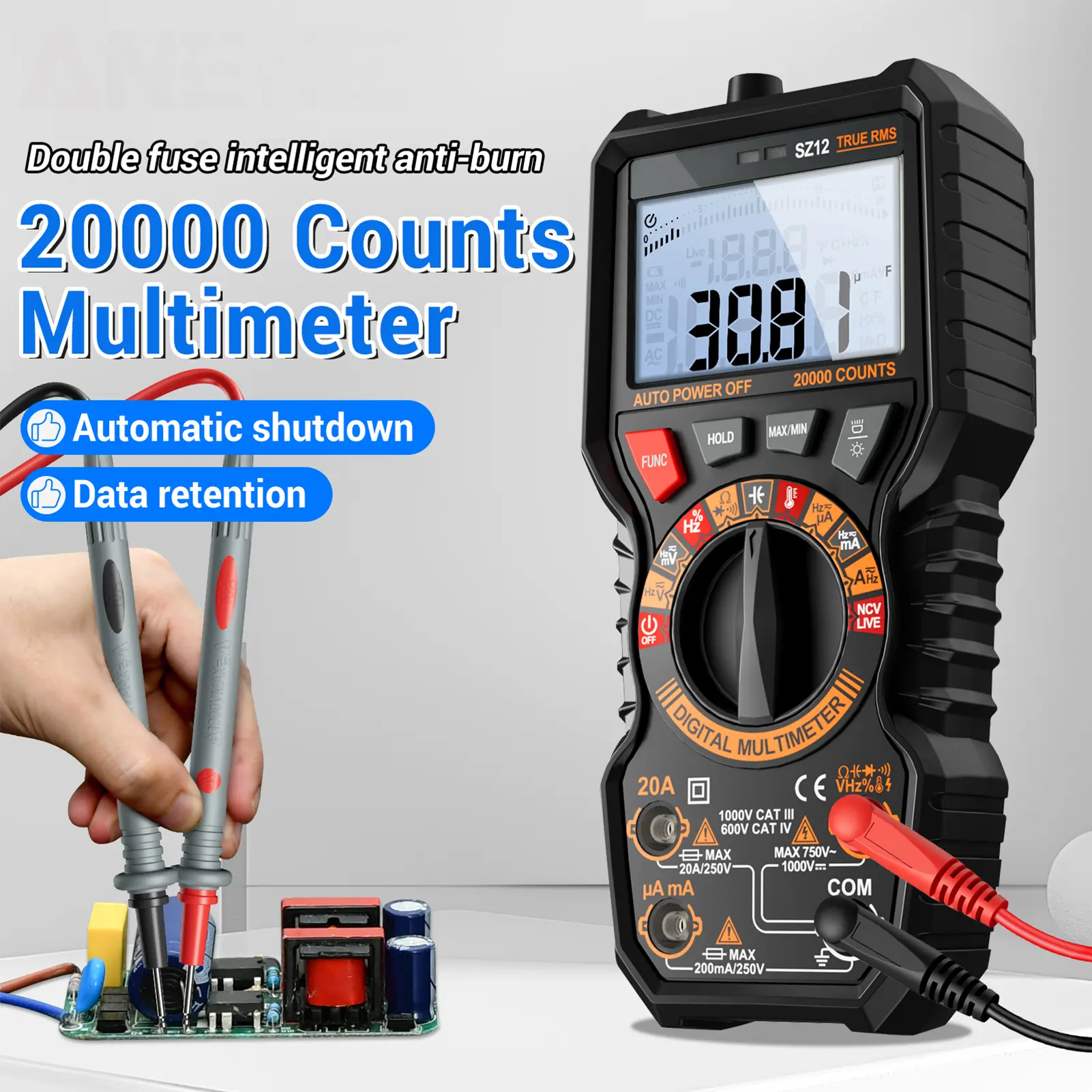 LCD Digital Multimeter 20000 Counts, True RMS Auto-Ranging, NCV Voltage Tester, Measures AC/DC Voltage/Current, Resistance