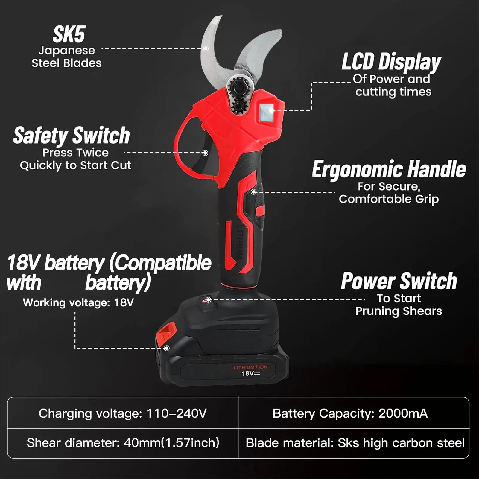 Cordless Branch Cutter 30mm Cutting Diameter Sharply Sturdy Safety Lock Ergonomic SK5 Blades Electric Pruning Shears for Yard
