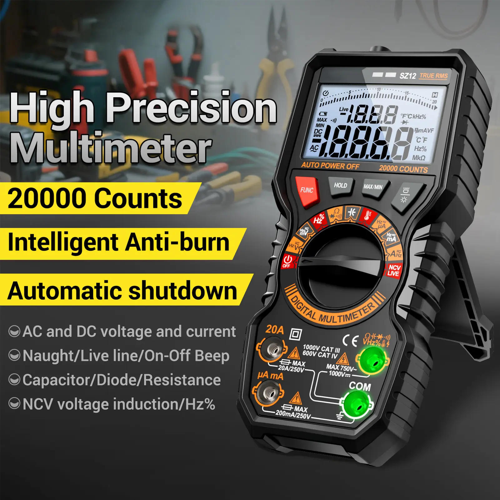 LCD Digital Multimeter 20000 Counts, True RMS Auto-Ranging, NCV Voltage Tester, Measures AC/DC Voltage/Current, Resistance