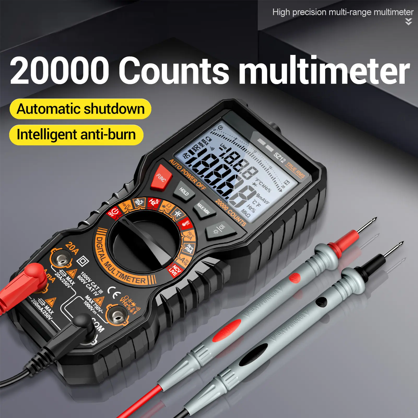 LCD Digital Multimeter 20000 Counts, True RMS Auto-Ranging, NCV Voltage Tester, Measures AC/DC Voltage/Current, Resistance