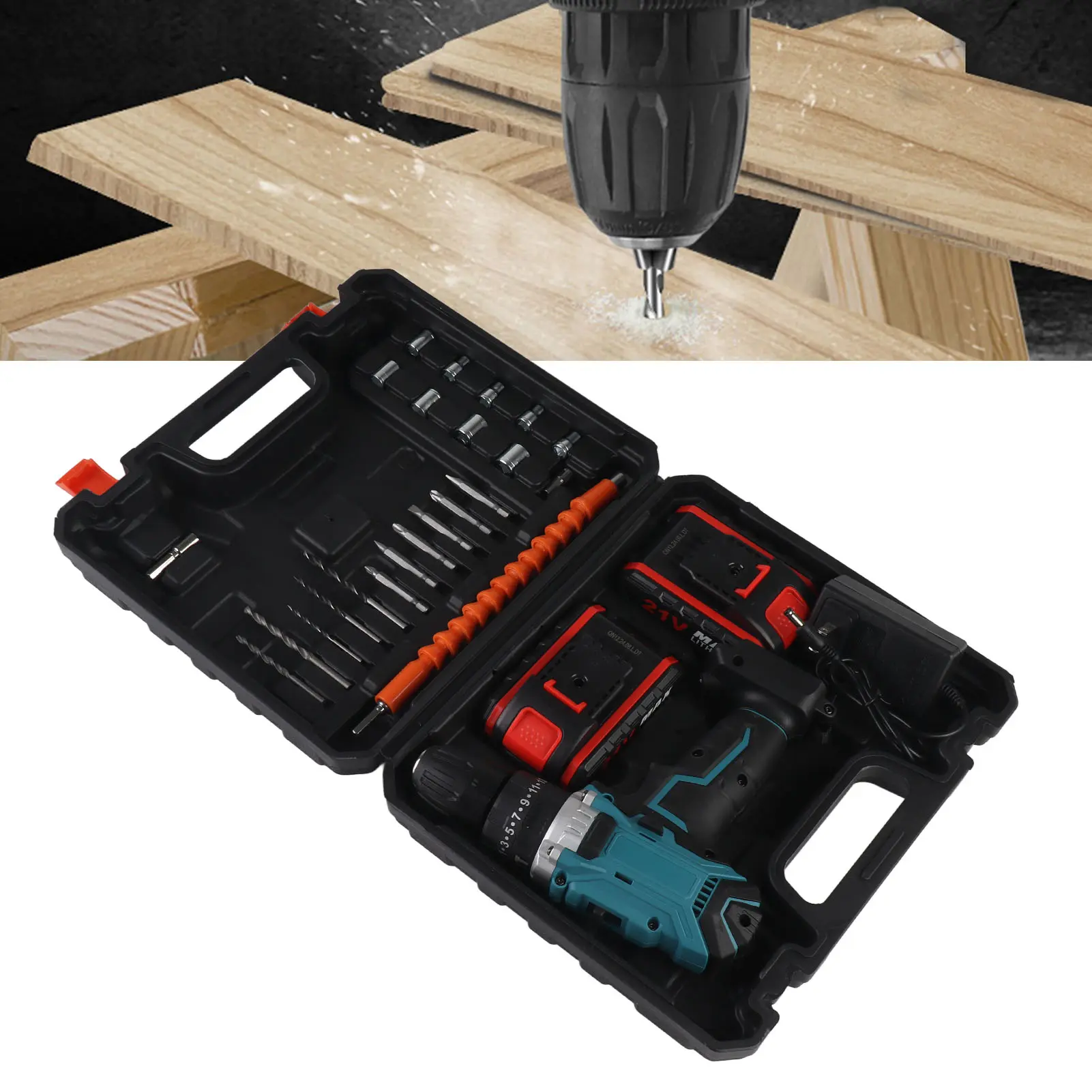 Electric Hand Drill Kit Cordless Brushed Portable Rechargeable with 2 21V Lithium Batteries Blue Electric Hand Drill Power Tool
