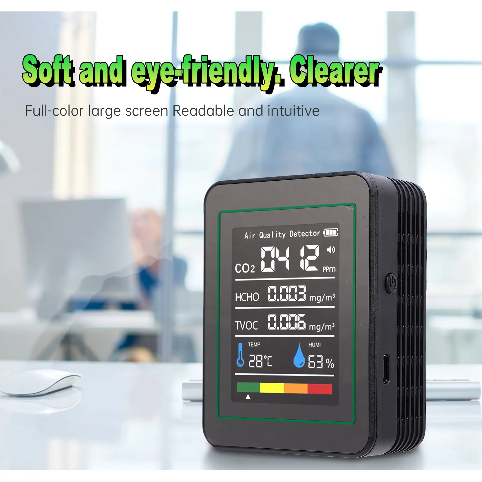 3-in-1 2.8-inch Color Screen Air Quality Detector, Real-Time Carbon Dioxide, Humidity, Temperature Monitoring for Home