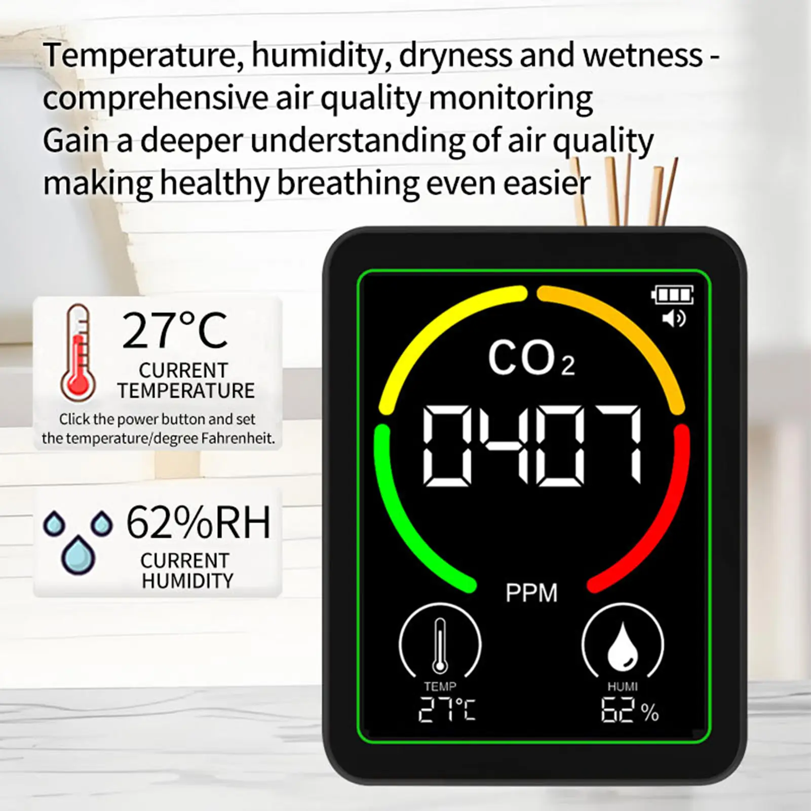 3-in-1 2.8-inch Color Screen Air Quality Detector, Real-Time Carbon Dioxide, Humidity, Temperature Monitoring for Home