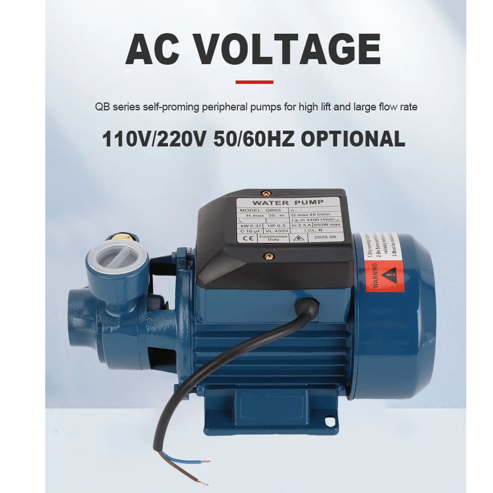 Solar  650W 3400rpm 35m Lift 1in Outlet Pressure Boosting 40L/min Centrifugal Pump Electric Water Transfer Pump