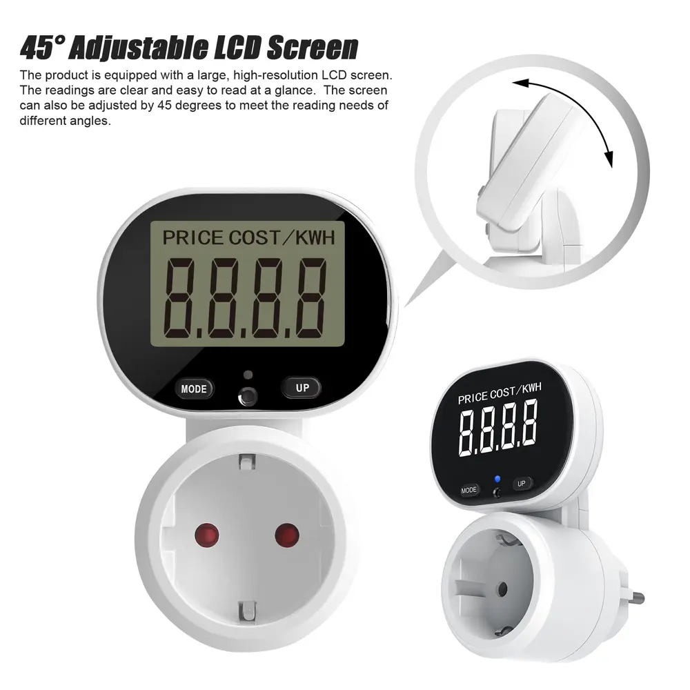 230V Digital LCD Power Meter Wattmeter Socket Wattage Kwh Energy Measuring Outlet EU Plug Overload Protection 45° Rotating