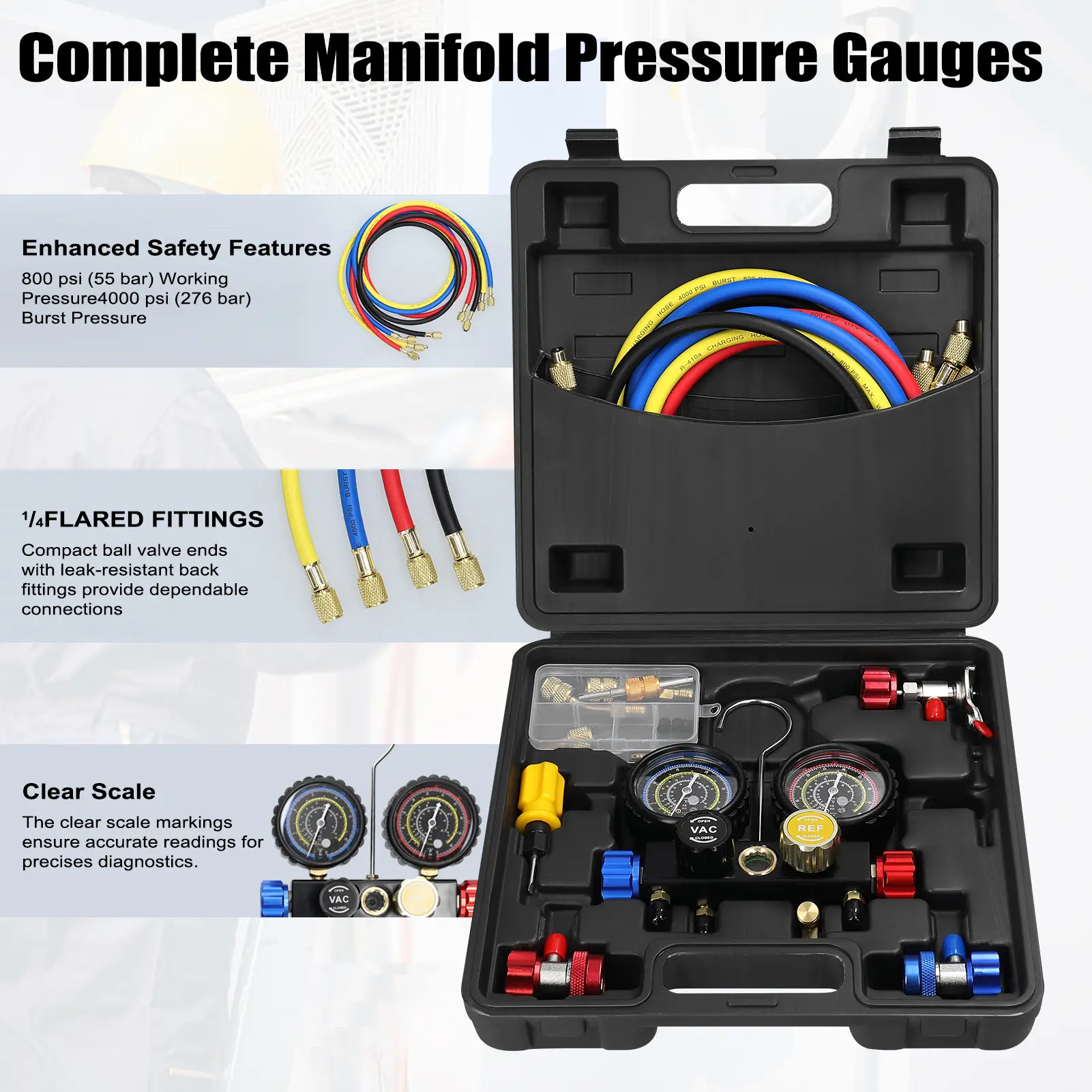 Manifold Gauge Set Air Conditioning Refrigerant Charging Tool with 5ft Hose Brass Quick Coupler for R22/R134a/R410a Refrigerant