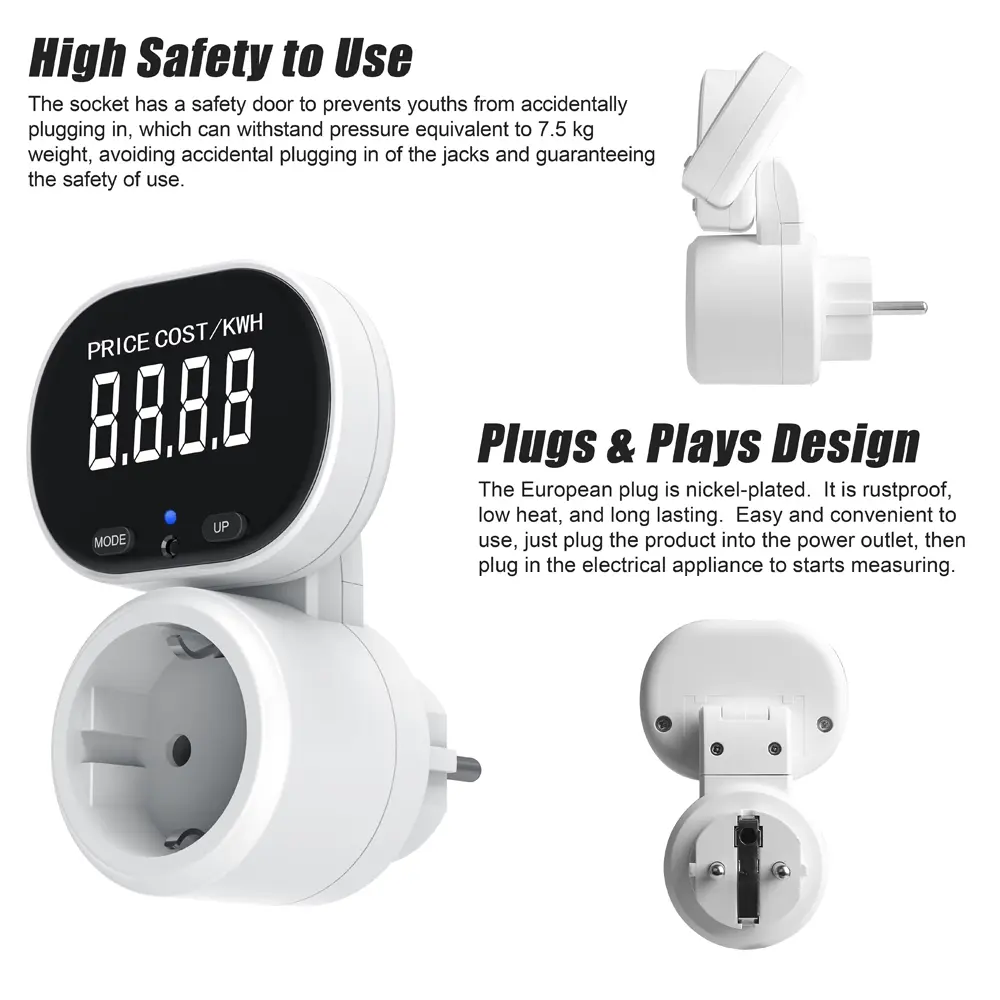 230V Digital LCD Power Meter Wattmeter Socket Wattage Kwh Energy Measuring Outlet EU Plug Overload Protection 45° Rotating