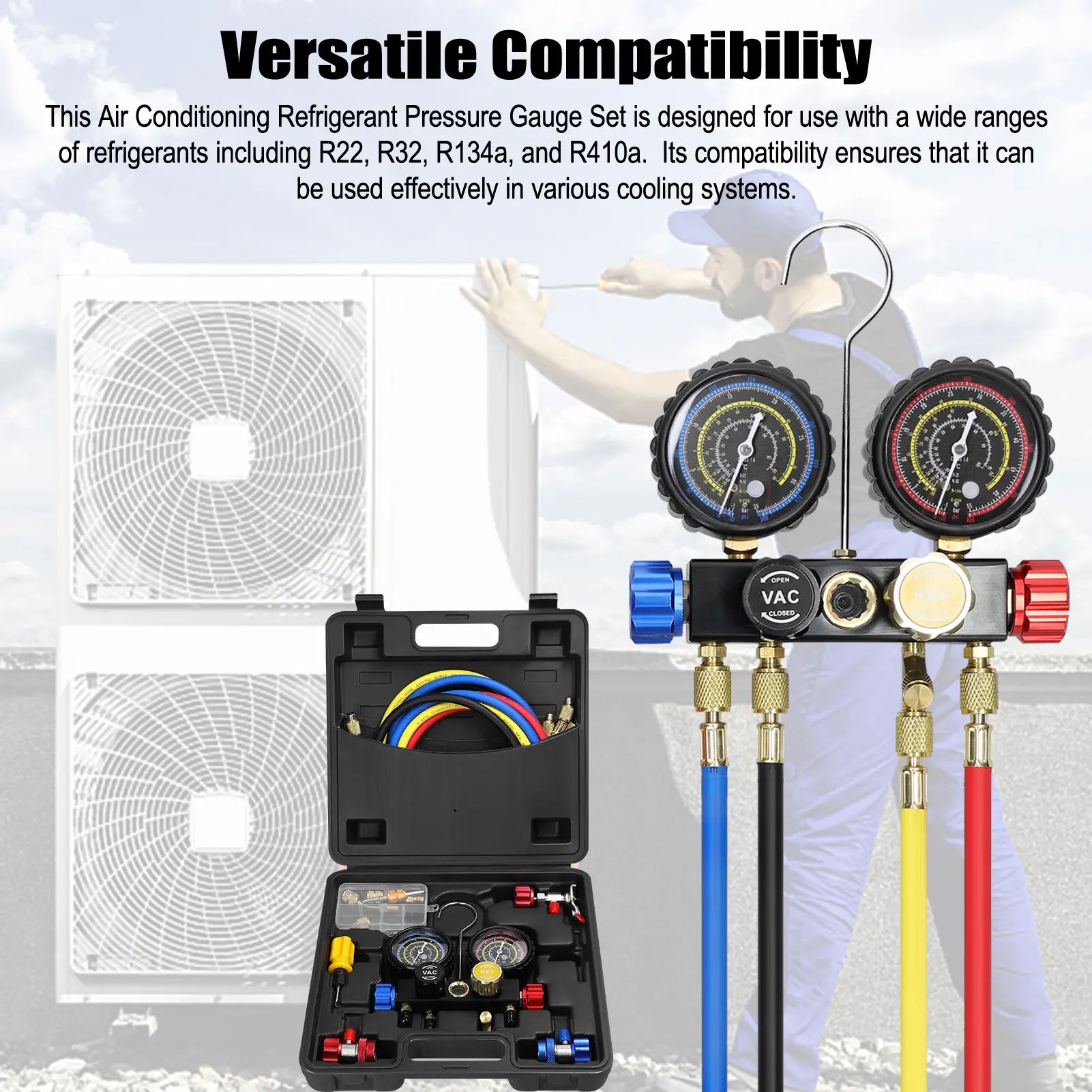 Manifold Gauge Set Air Conditioning Refrigerant Charging Tool with 5ft Hose Brass Quick Coupler for R22/R134a/R410a Refrigerant