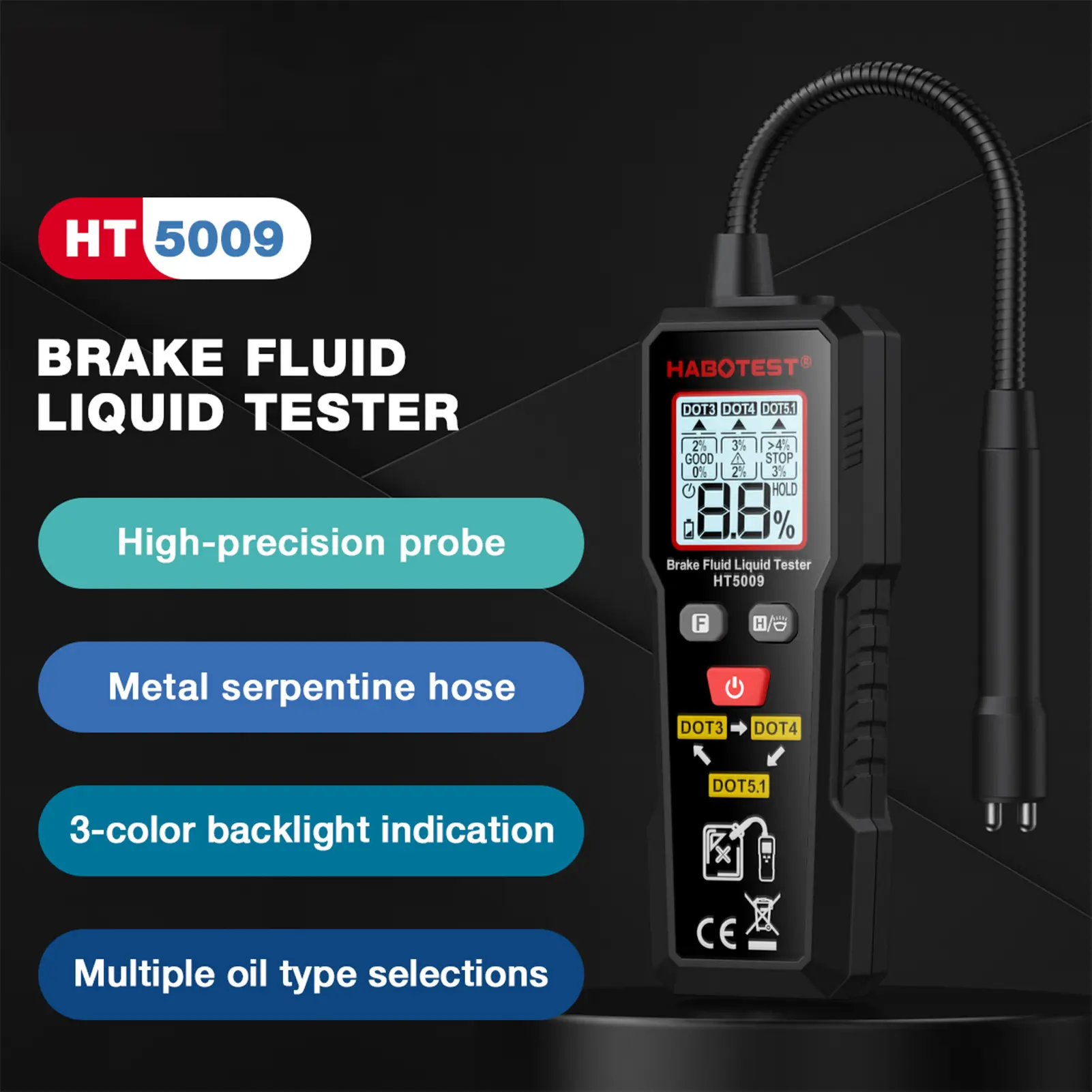 Digital Brake Fluid Tester Auto Car Brake Oil Moisture Detector DOT3/DOT4/DOT5.1 with Backlight Flexible Probe Brake Oil Tester