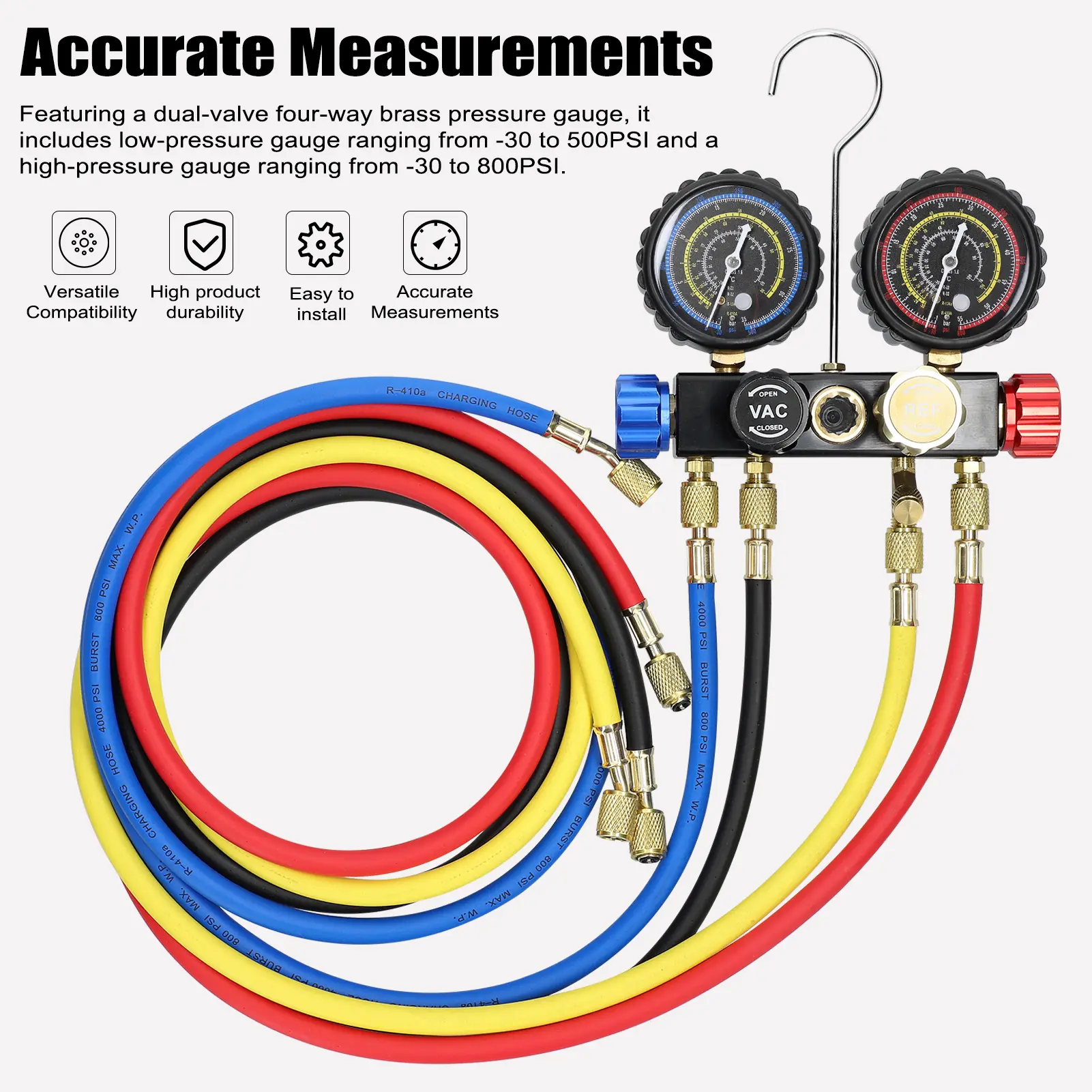 Manifold Gauge Set Air Conditioning Refrigerant Charging Tool with 5ft Hose Brass Quick Coupler for R22/R134a/R410a Refrigerant