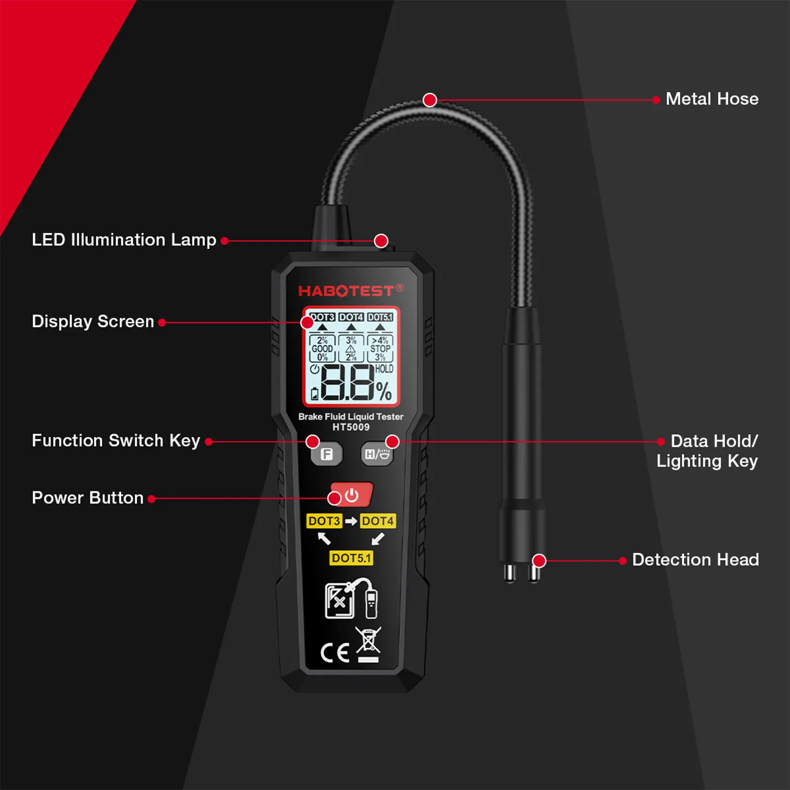 Digital Brake Fluid Tester Auto Car Brake Oil Moisture Detector DOT3/DOT4/DOT5.1 with Backlight Flexible Probe Brake Oil Tester