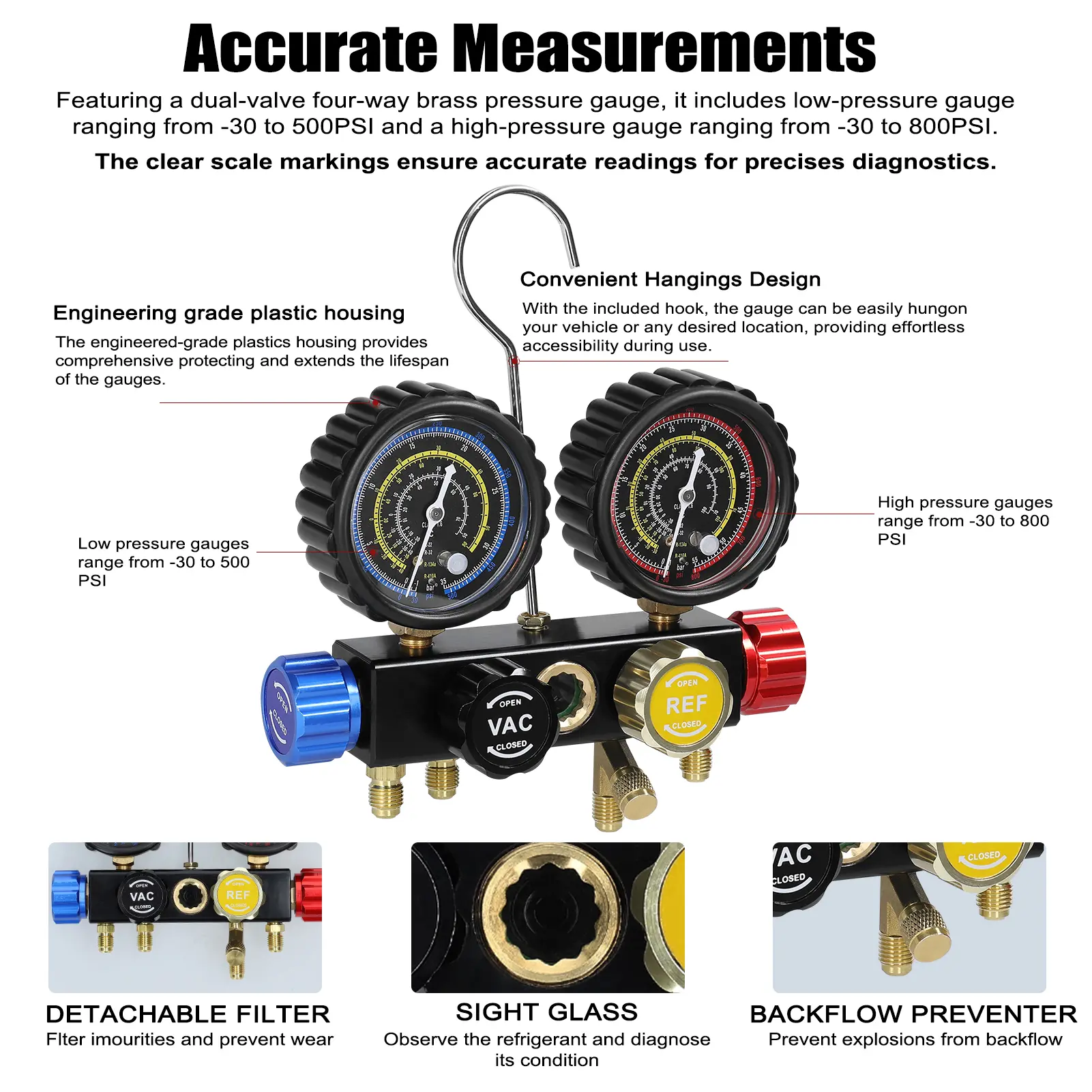 Manifold Gauge Set Air Conditioning Refrigerant Charging Tool with 5ft Hose Brass Quick Coupler for R22/R134a/R410a Refrigerant
