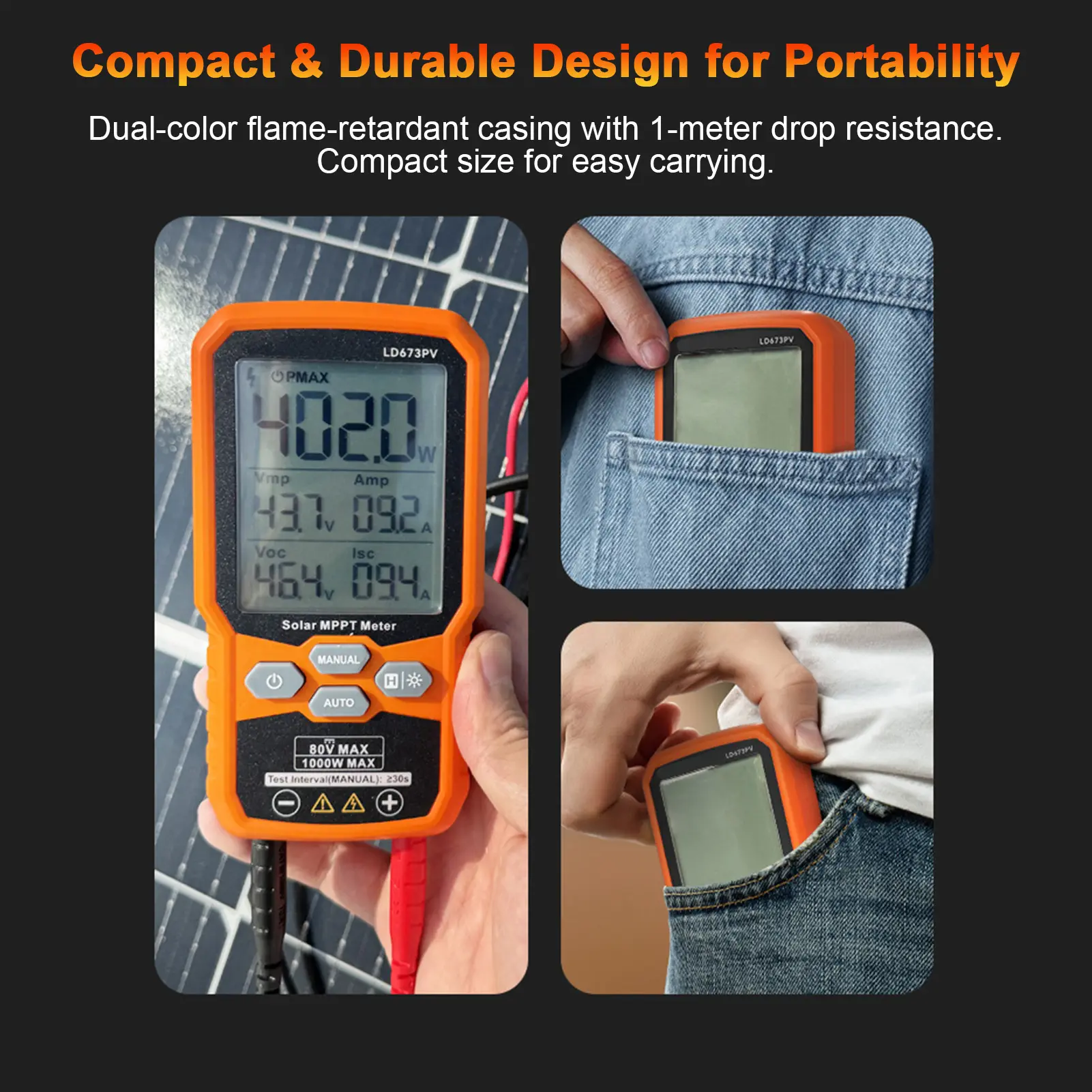 Solar Panel Power Meter Tester 1000W PV Multimeter with LCD Display MPPT Tester for Solar Panels – Measures Pmax Voc Isc 12-80V