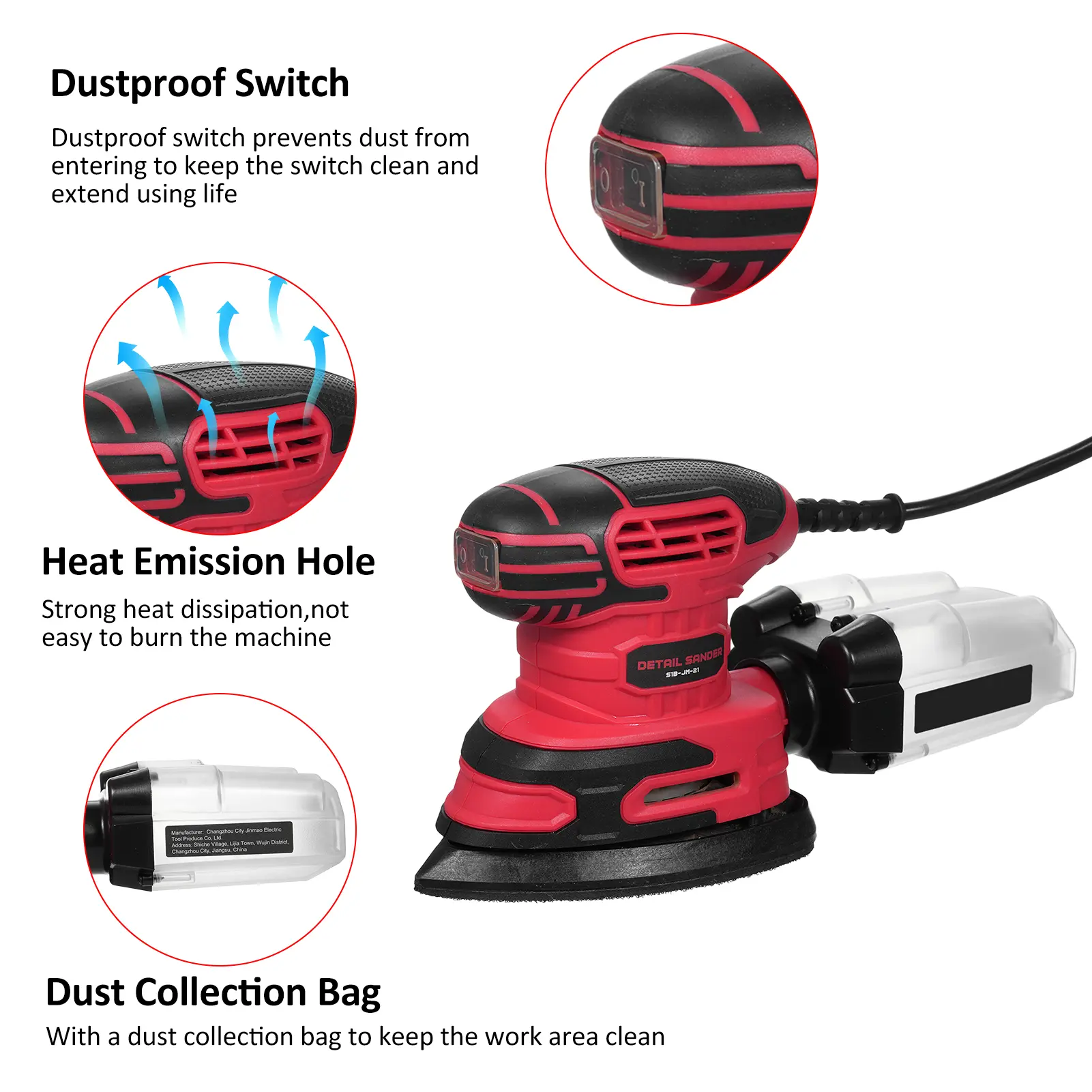 Detail Sander 13,000 OPM Compact Electric Sander with Dust Collector 220W 1.6Amp Power Sander w/20PCS Sanderpapers for Woodwork