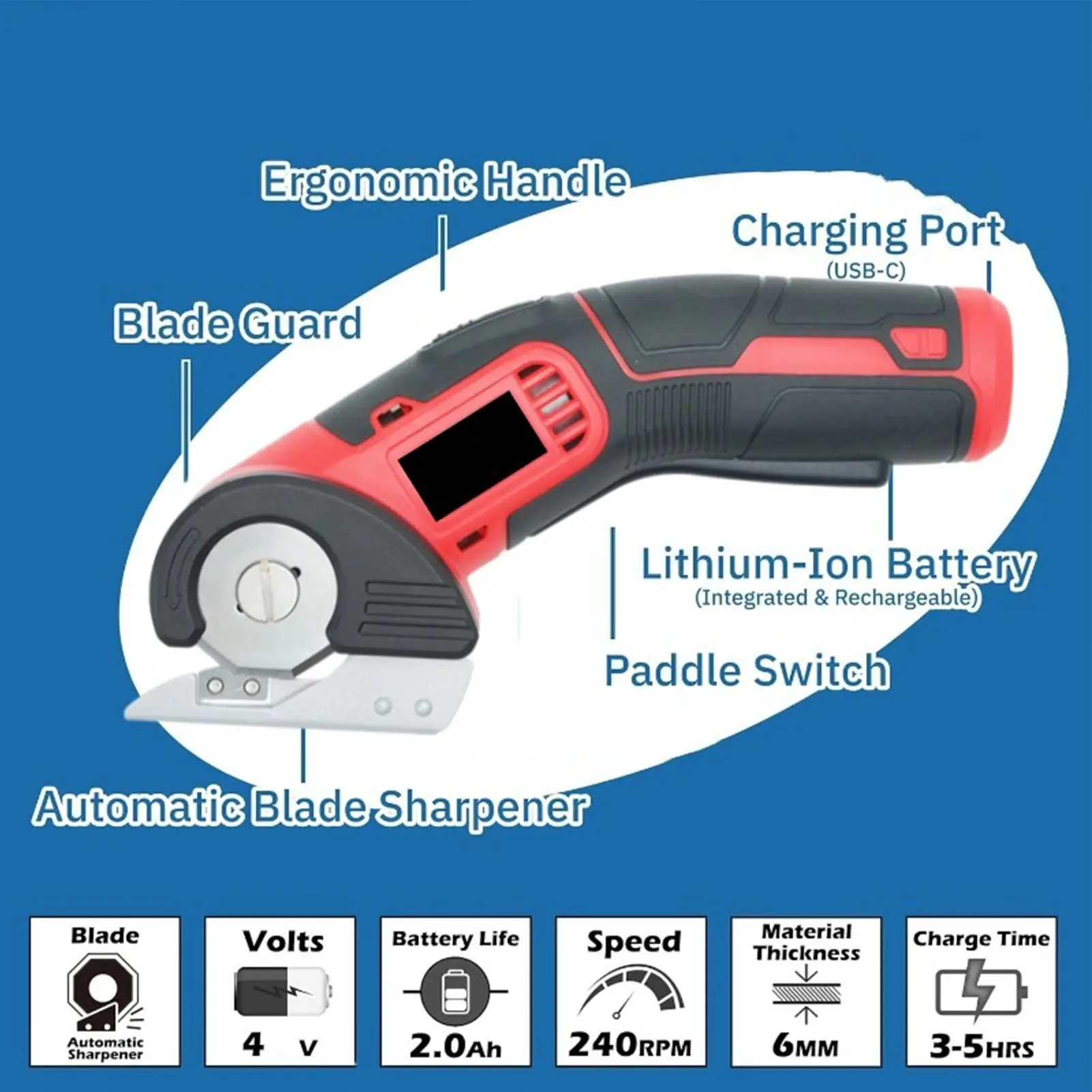 Cordless Electric Scissors 4V 2000mah Rechargeable Cutter with Safety Lock 240RPM for Cardboard Leather Paper Felt Fabric Denim