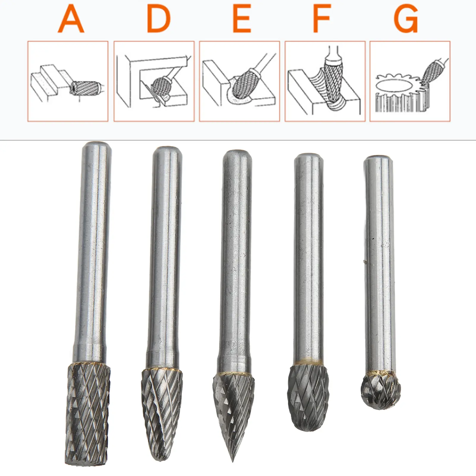 5pcs/Set Tungsten Carbide Rotary Burrs Bits Set 6x8mm Double Cut for Polishing Grinding Engraving Drilling Carbide Cutting Burrs