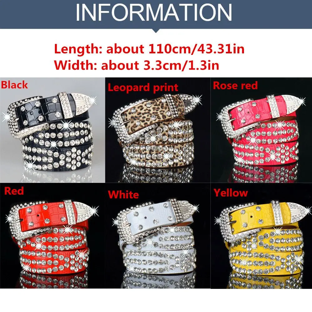 Fashion Leather Bling Crystal Belt Women Rhinestone Belt Cowgirl Studded Glitter Waistband