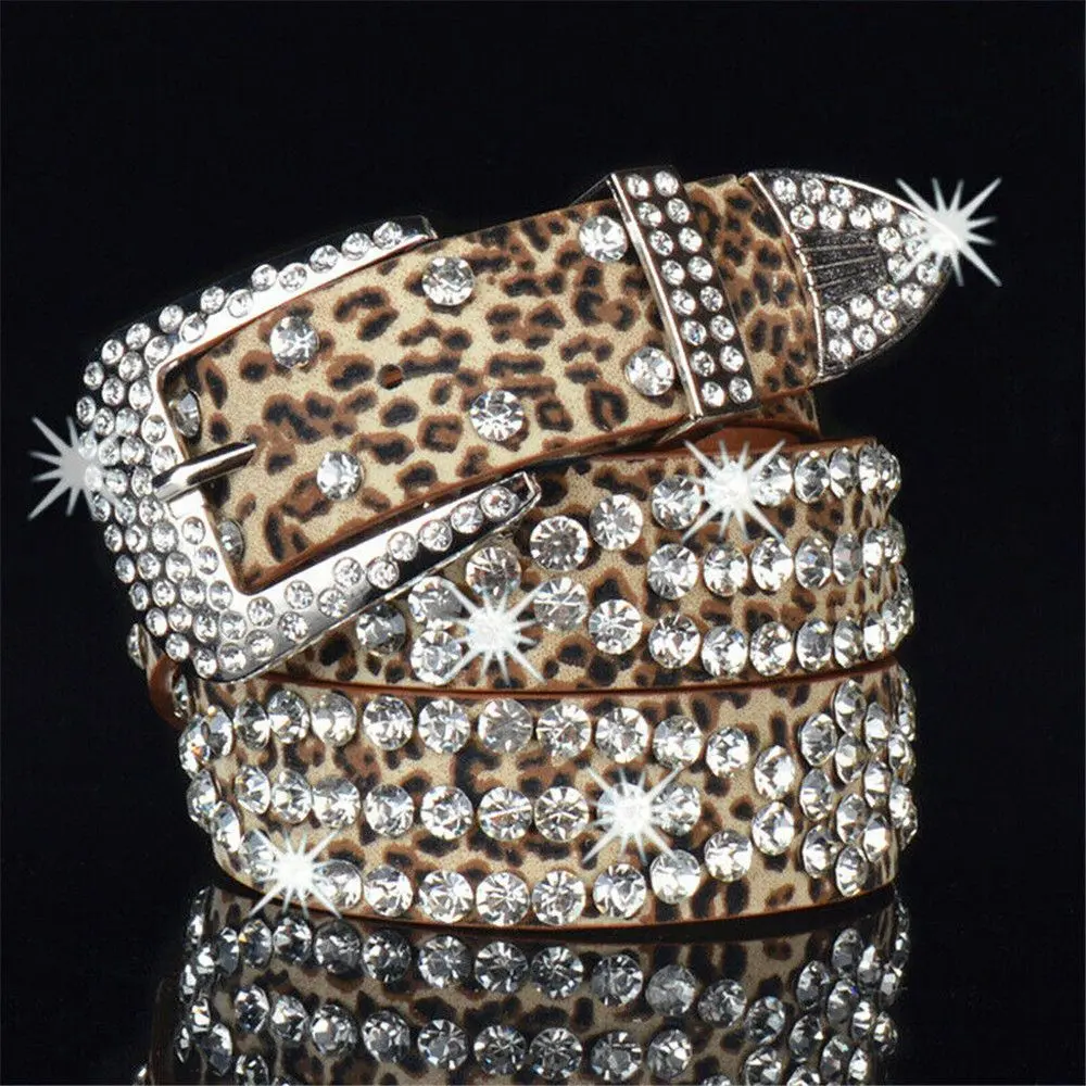 Fashion Leather Bling Crystal Belt Women Rhinestone Belt Cowgirl Studded Glitter Waistband