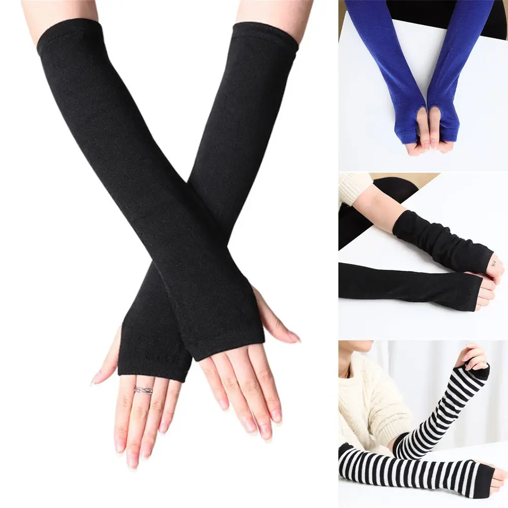 Wristband Arm Warmer Long Sleeve Striped Women Girls Cotton Classic Fingerless Long Gloves