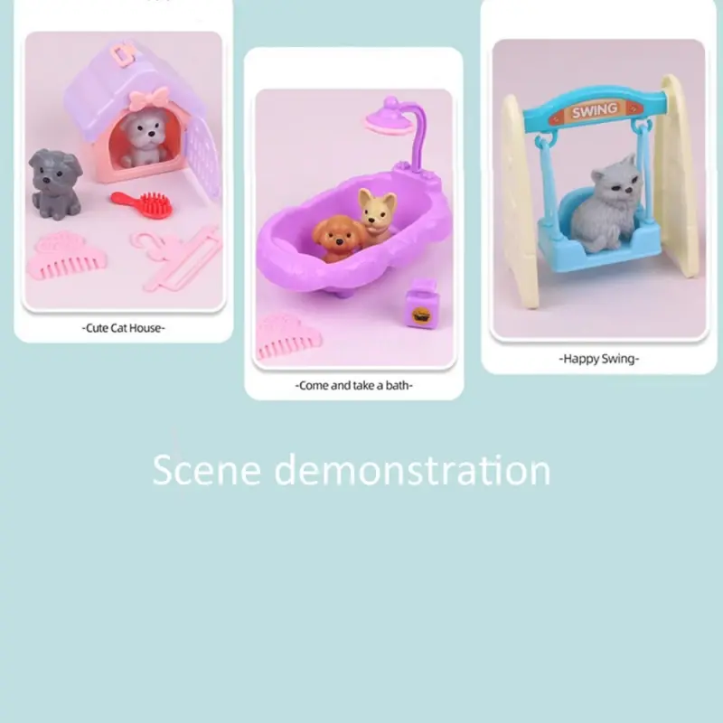 Simulated Feeding Cat and Dog Pet Houses Children's Play Pet House Toys Small Cute Dog and Cat Doll Bathroom Swing Scenes