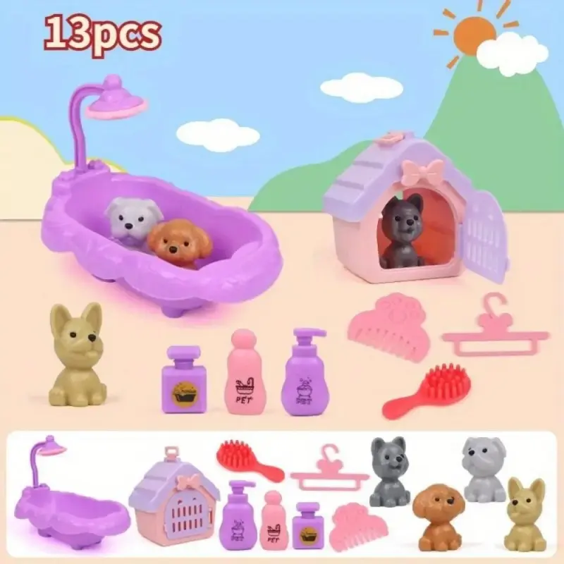 Simulated Feeding Cat and Dog Pet Houses Children's Play Pet House Toys Small Cute Dog and Cat Doll Bathroom Swing Scenes