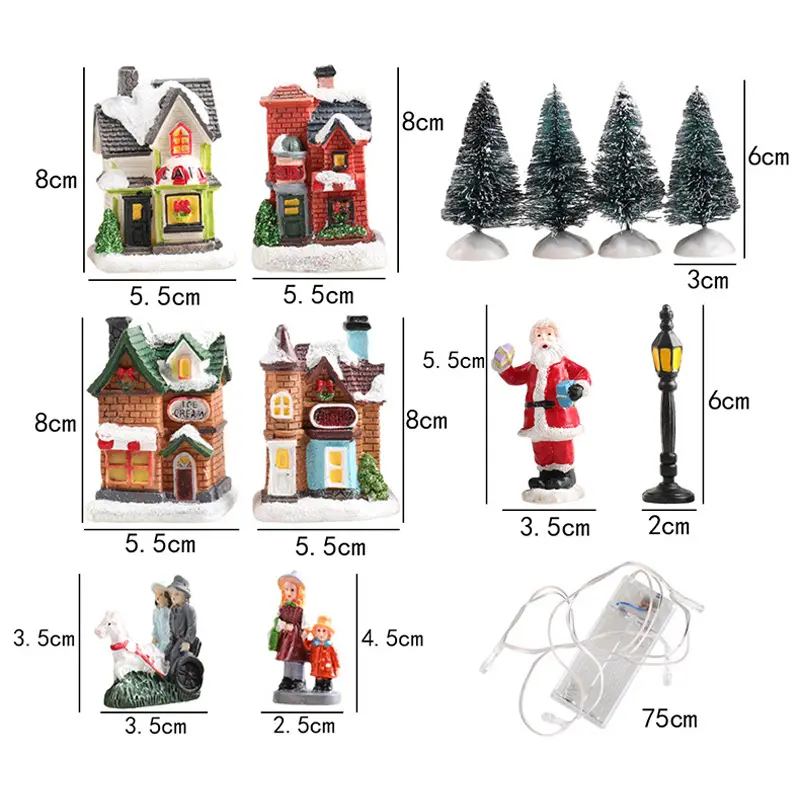 LED Resin Christmas Village Ornaments Set Figurines Decoration Santa Claus Pine Needles Snow View House Holiday Gift Home Decor