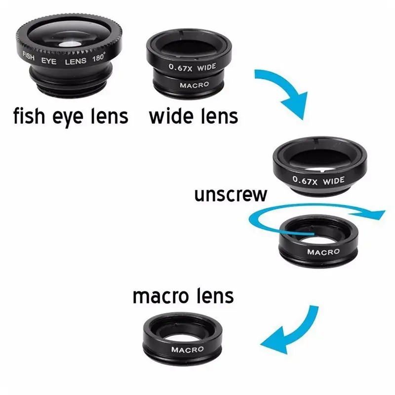 3In1 Mobile Phone Fish eye Wide-angle Macro Lightweight Universal Phone Camera Lens Magnifying Glass Fish eye Macro Wide-angle