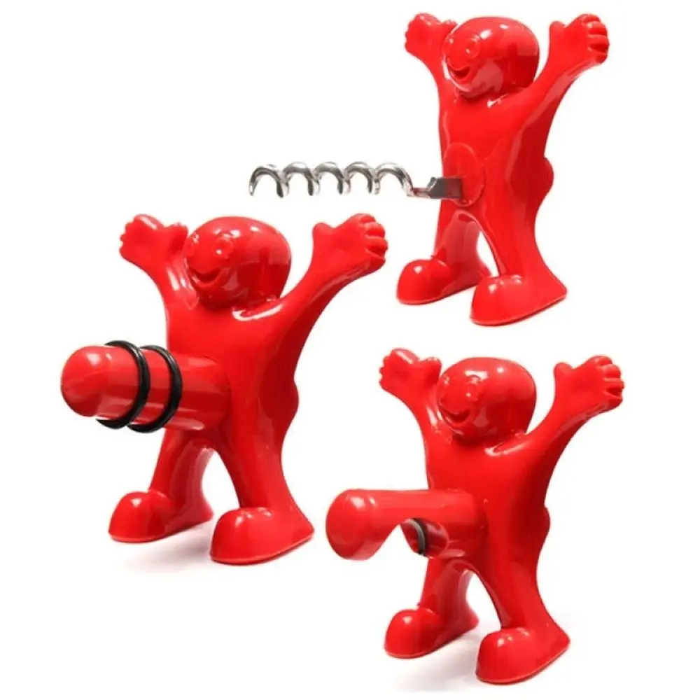 Happy Man Bottle Opener, Little Red Man Fun Wine and Beer Bottle Opener Set Reusable Household Tools Bar Kitchen Accessories